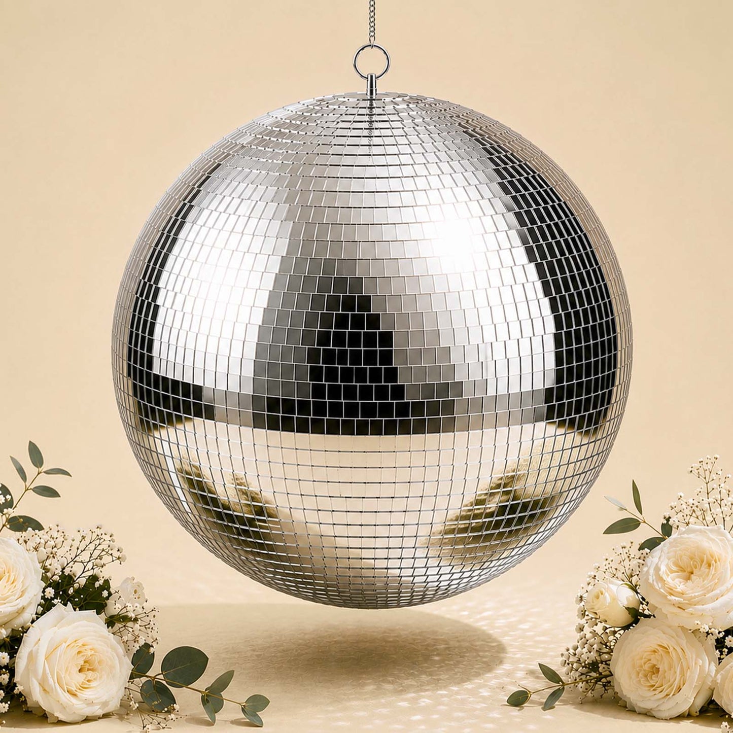 24" Large Silver Foam Disco Mirror Ball With Hanging Swivel Ring, Holiday Party Decor