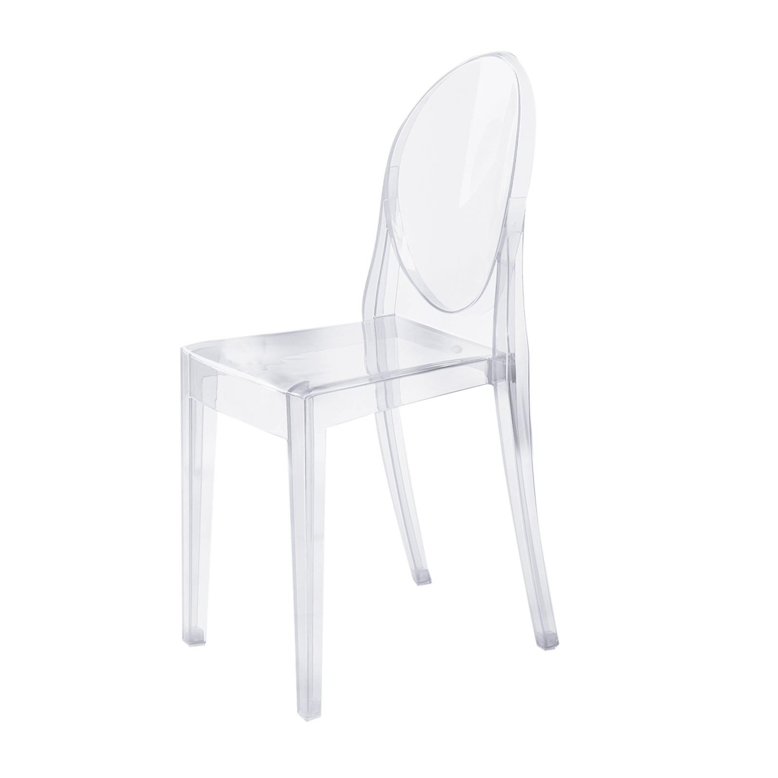 Clear acrylic ghost banquet chair with oval back, fully assembled and armless.