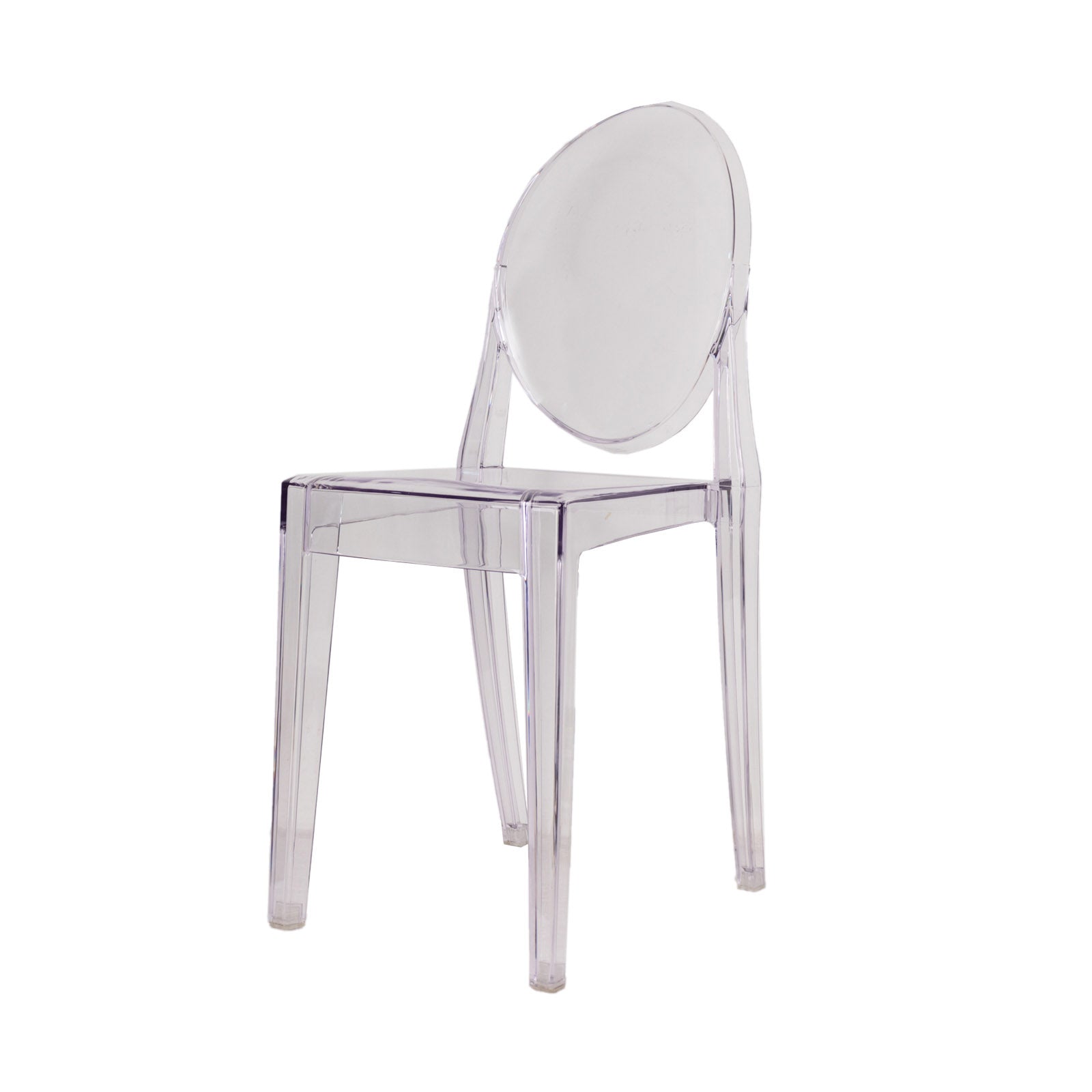 Clear acrylic ghost banquet chair with oval back, fully assembled and armless.