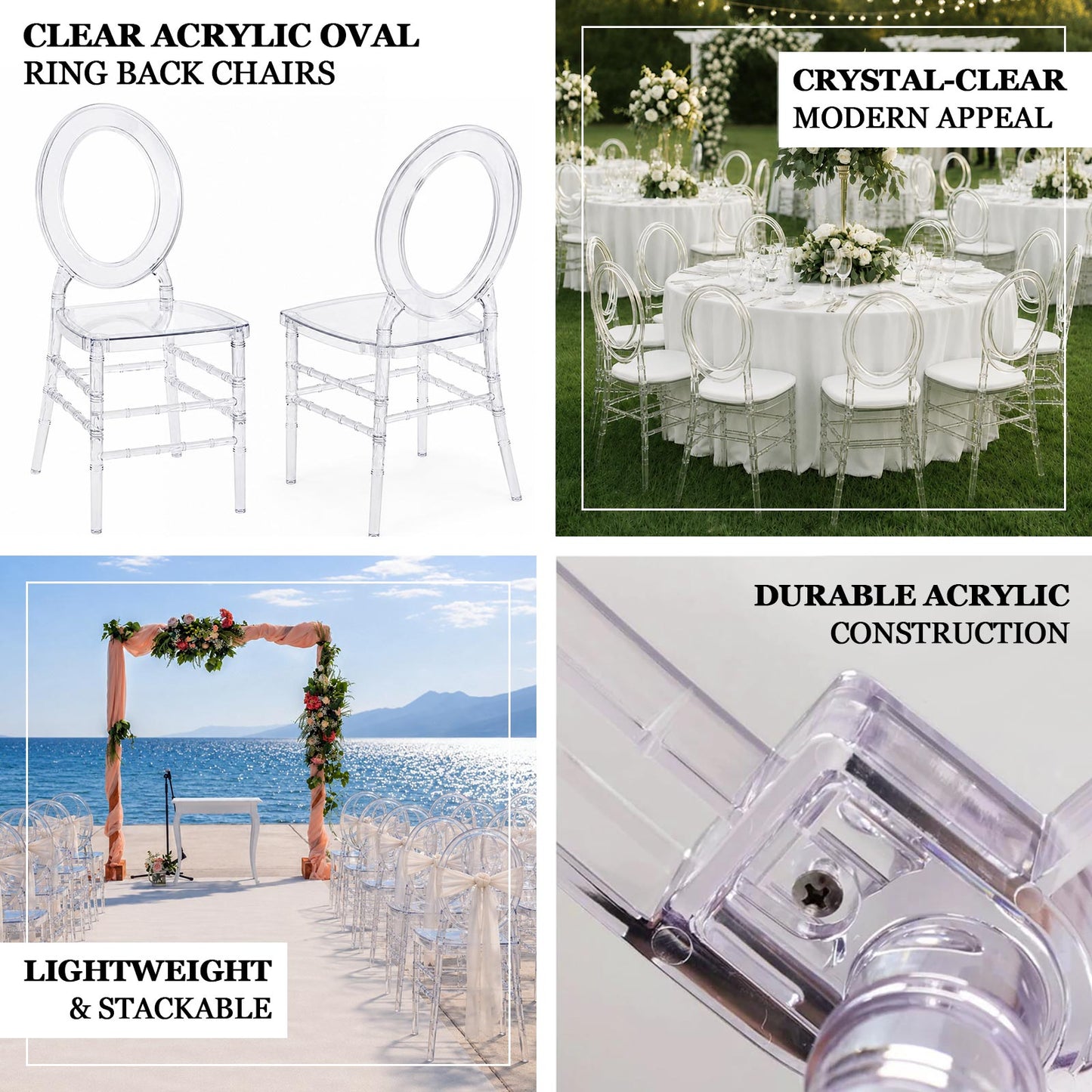 3-Pack Clear Acrylic Ghost Chiavari Chairs with Oval Open Back – Transparent Resin Stackable Armless