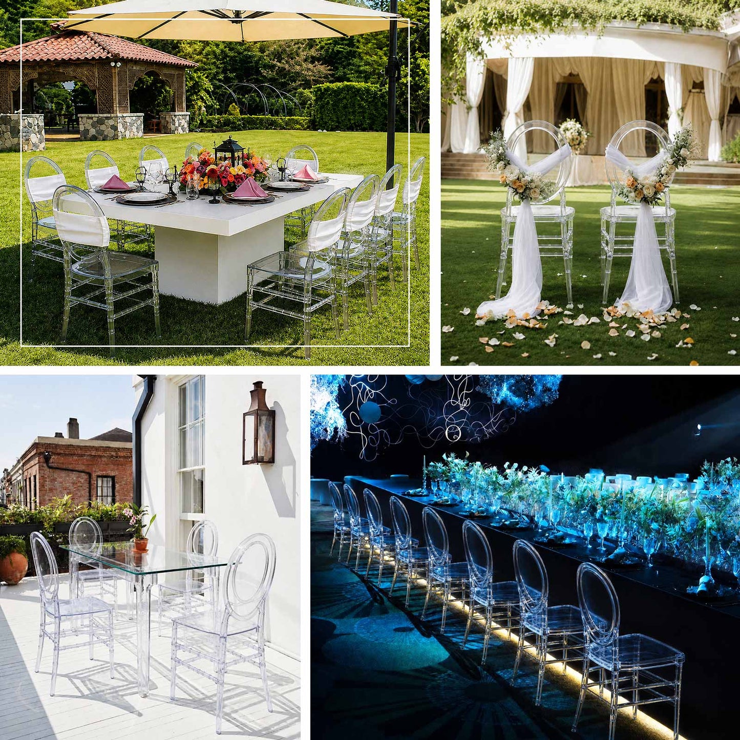 3-Pack Clear Acrylic Ghost Chiavari Chairs with Oval Open Back – Transparent Resin Stackable Armless