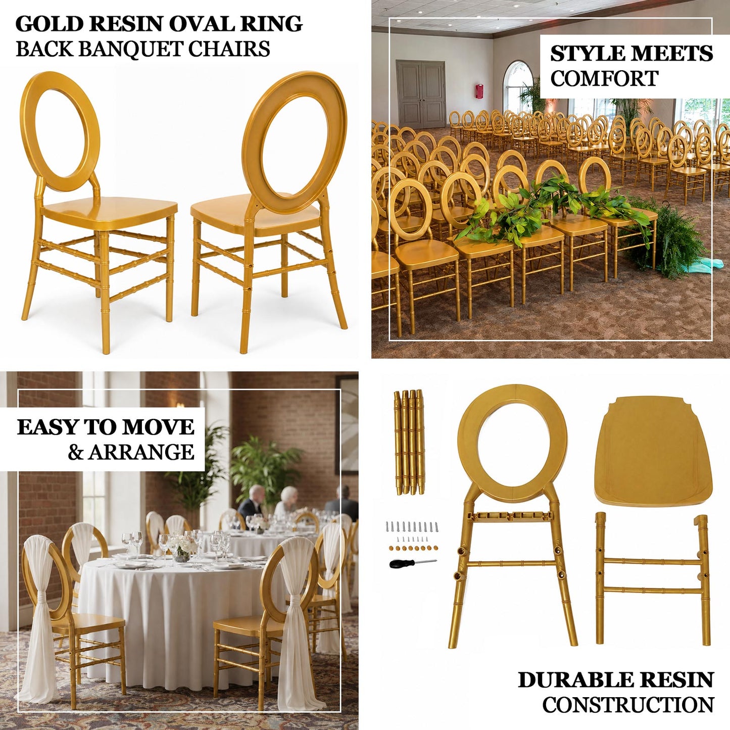 3-Pack Chiavari Chairs with Oval Open Back, Gold Resin – Stackable Armless Event Chairs