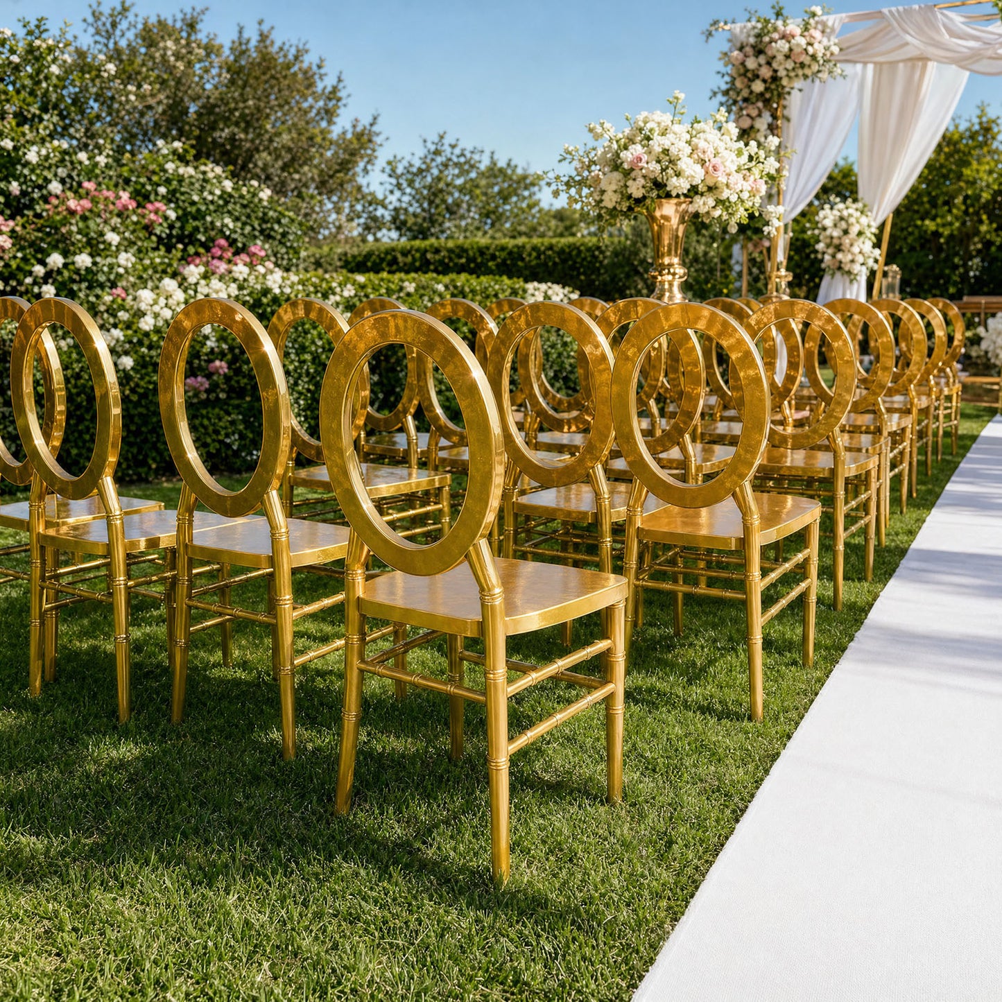 3-Pack Chiavari Chairs with Oval Open Back, Gold Resin – Stackable Armless Event Chairs