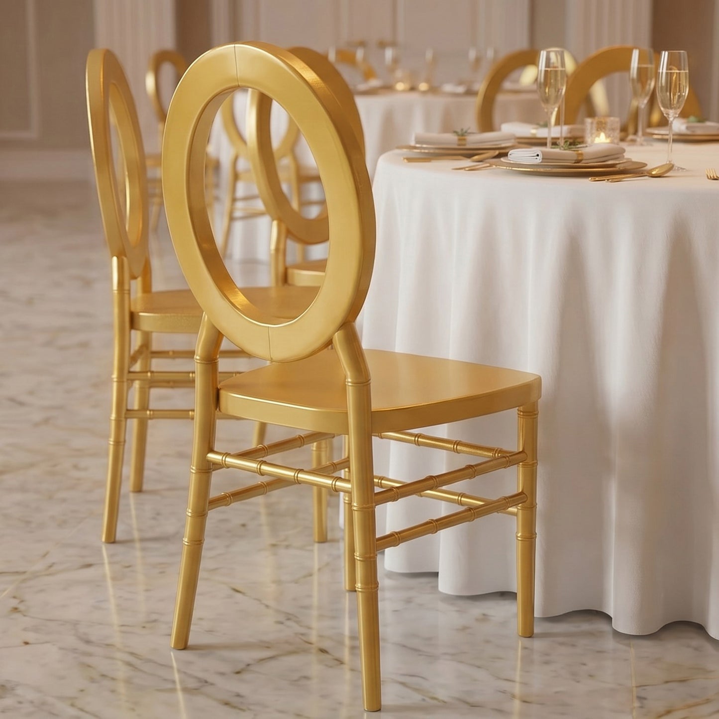 3-Pack Chiavari Chairs with Oval Open Back, Gold Resin – Stackable Armless Event Chairs