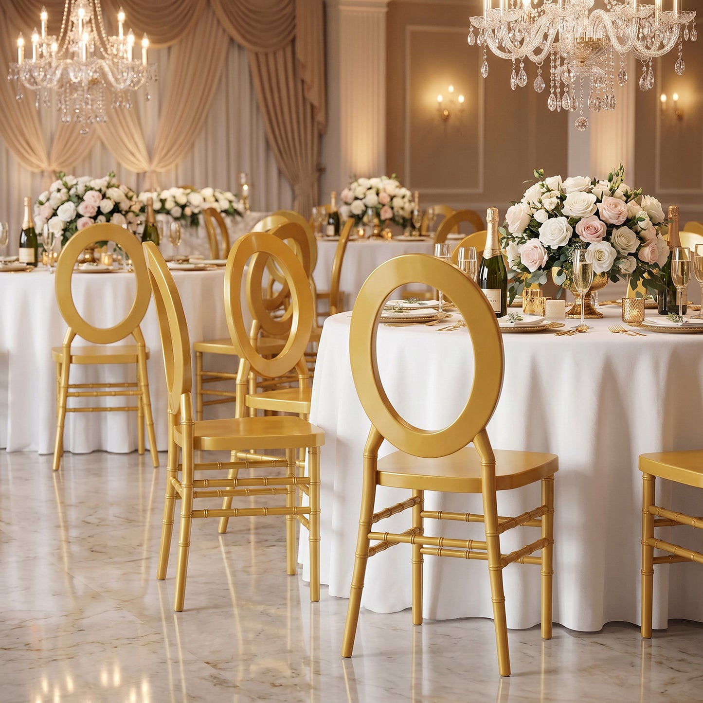 3-Pack Chiavari Chairs with Oval Open Back, Gold Resin – Stackable Armless Event Chairs