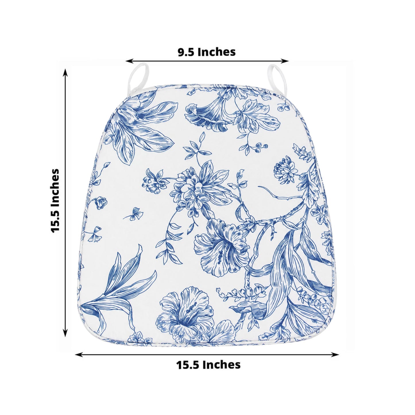 Chiavari Chair Pad White/Blue French Toile 1.5" Thick Memory Foam Seat Cushion with Ties, Removable 
