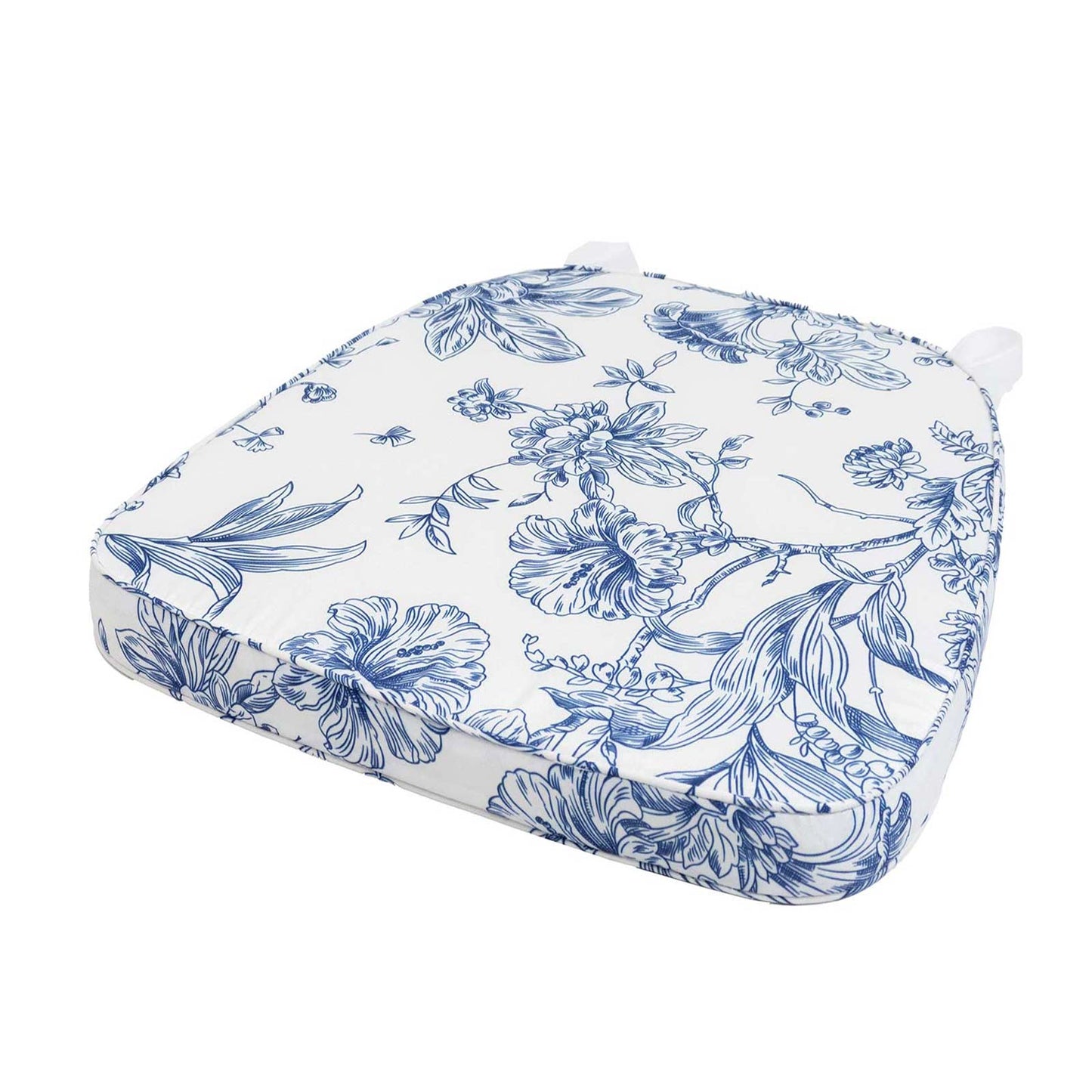 Chiavari Chair Pad White/Blue French Toile 1.5" Thick Memory Foam Seat Cushion with Ties, Removable 