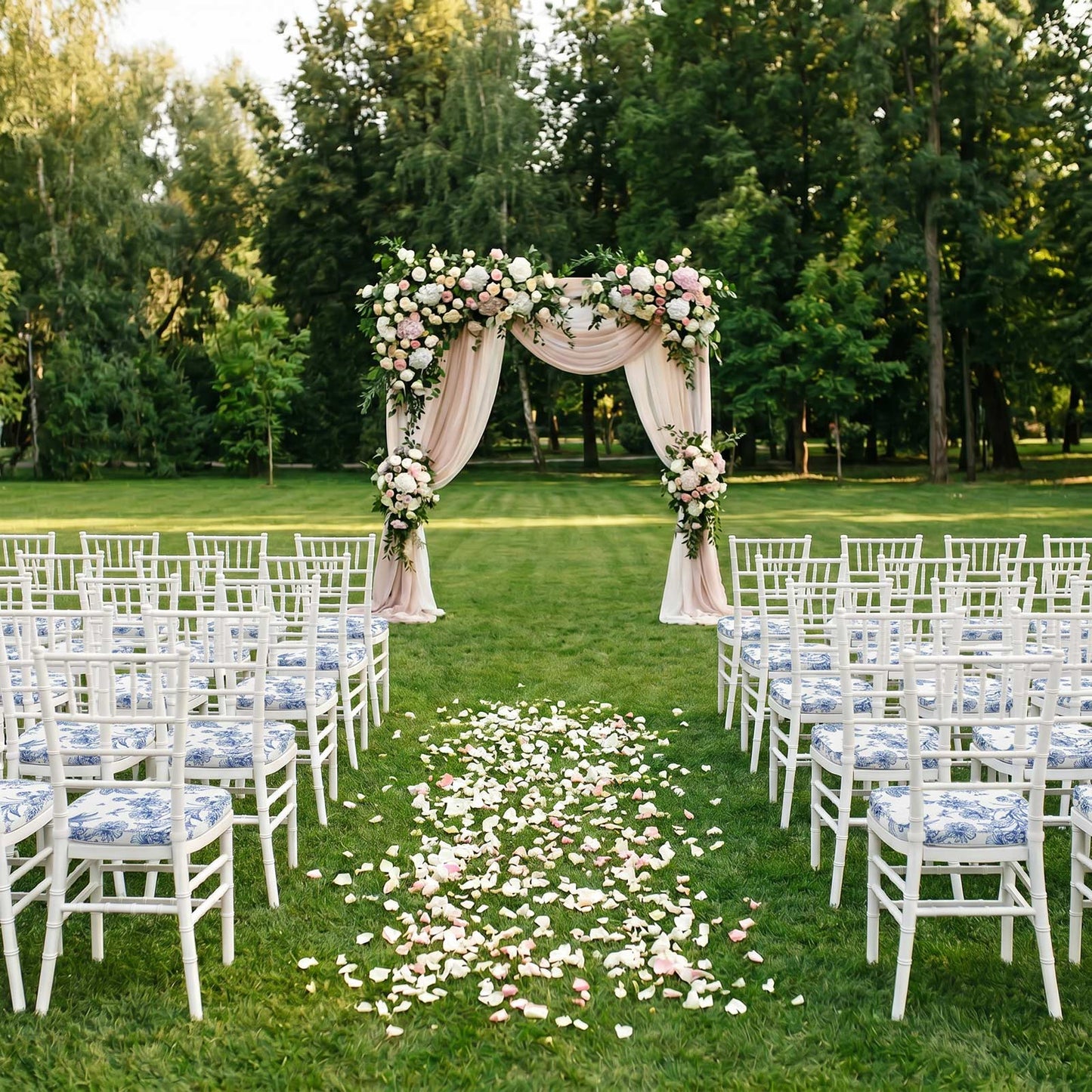 Chiavari Chair Pad White/Blue French Toile 1.5" Thick Memory Foam Seat Cushion with Ties, Removable 