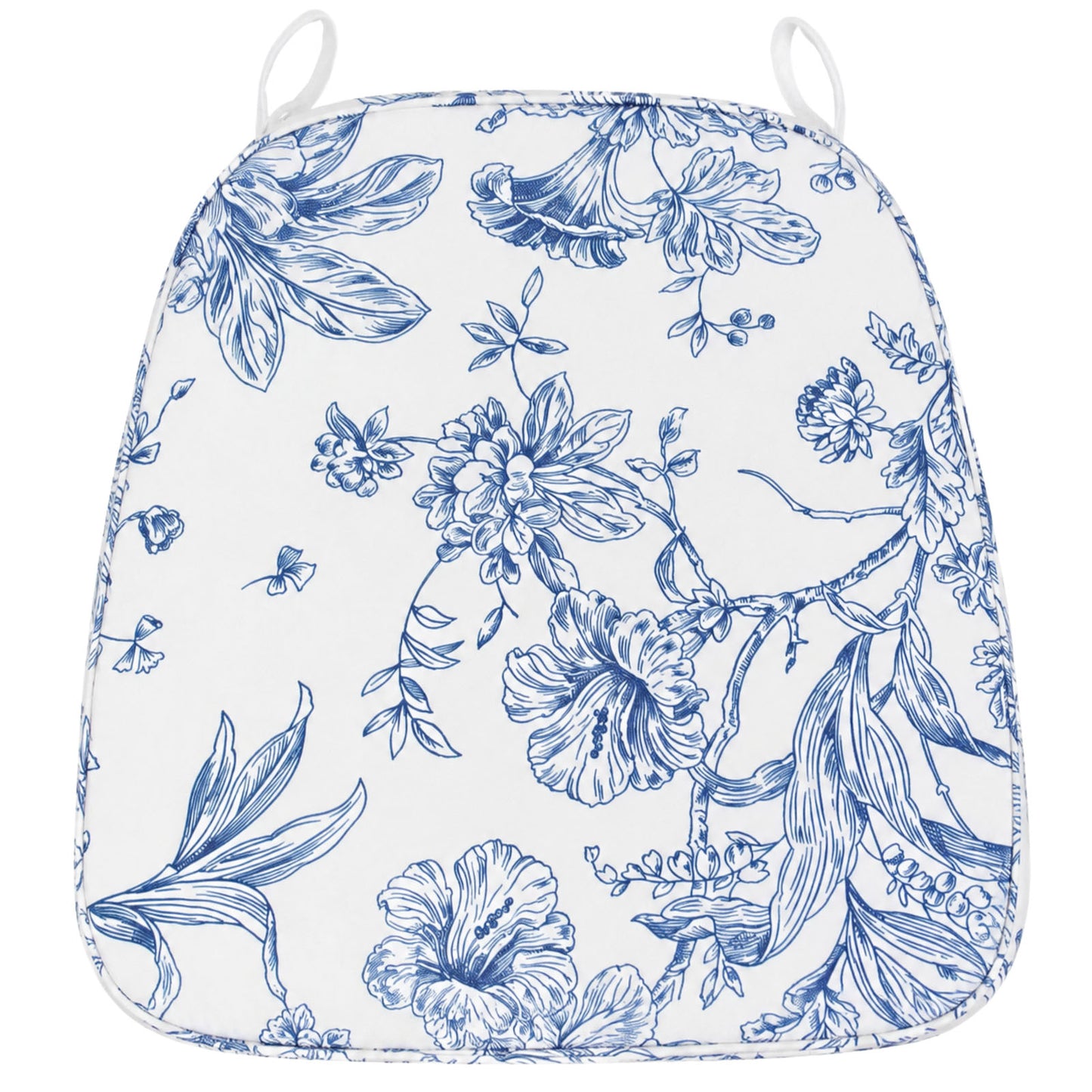 Chiavari Chair Pad White/Blue French Toile 1.5" Thick Memory Foam Seat Cushion with Ties, Removable 