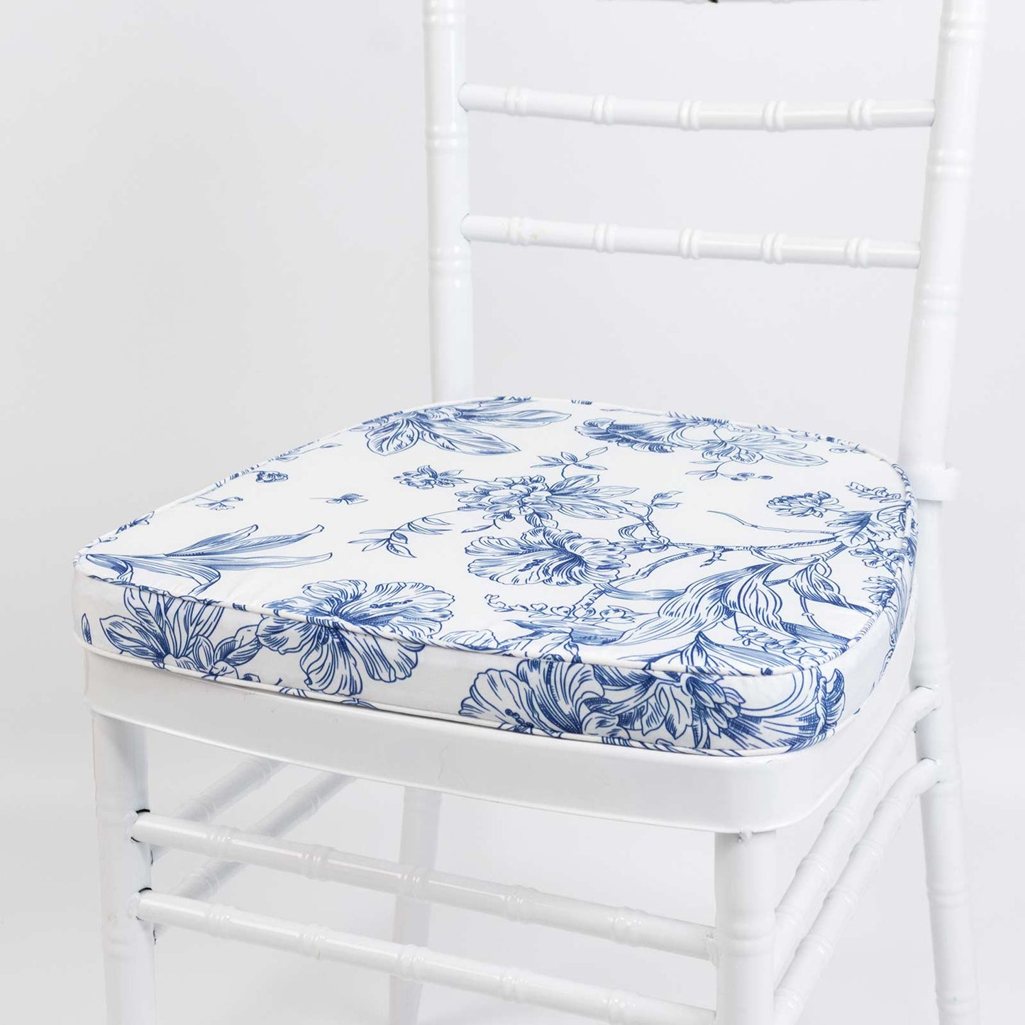 Chiavari Chair Pad White/Blue French Toile 1.5" Thick Memory Foam Seat Cushion with Ties, Removable 