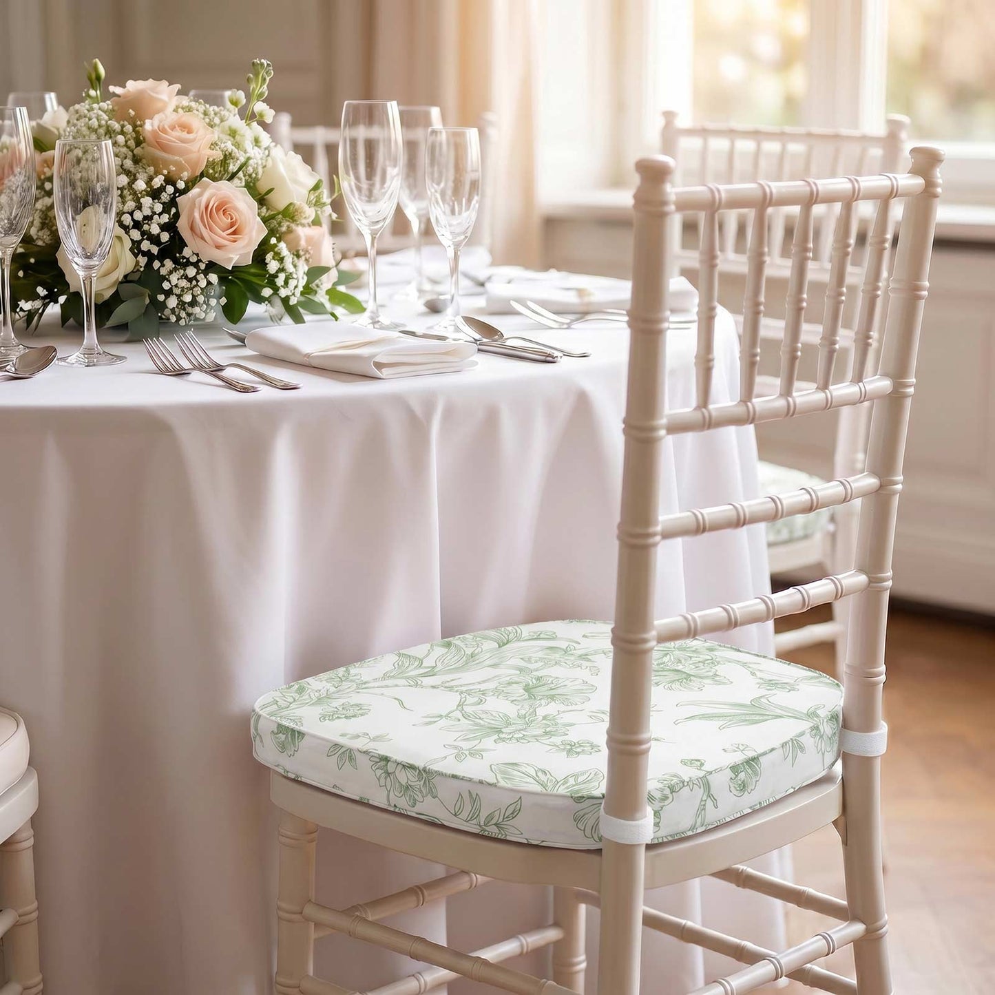 Chiavari Chair Pad White/Dusty Sage Green French Toile 1.5" Thick Memory Foam Seat Cushion with Ties
