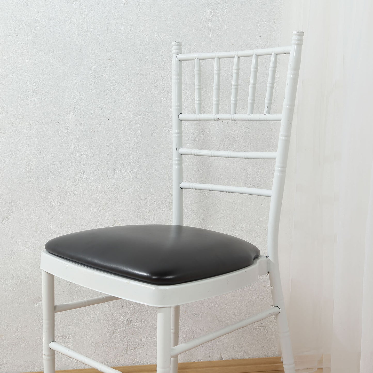 5 Pack Black PU Leather Chiavari Chair Cushion Pads with Wood Backed Design, 1.5" Thick Memory Foam Tie-Less Non Slip Removable Dining Chair Seat Pads - 16"