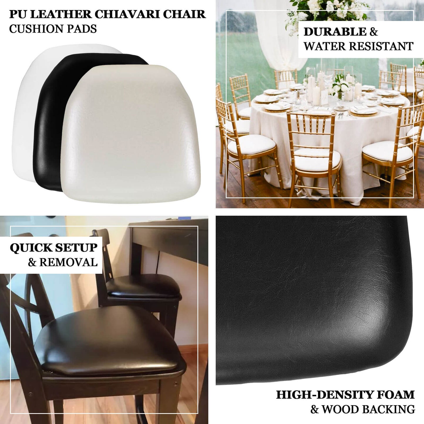 5 Pack Black PU Leather Chiavari Chair Cushion Pads with Wood Backed Design, 1.5" Thick Memory Foam Tie-Less Non Slip Removable Dining Chair Seat Pads - 16"