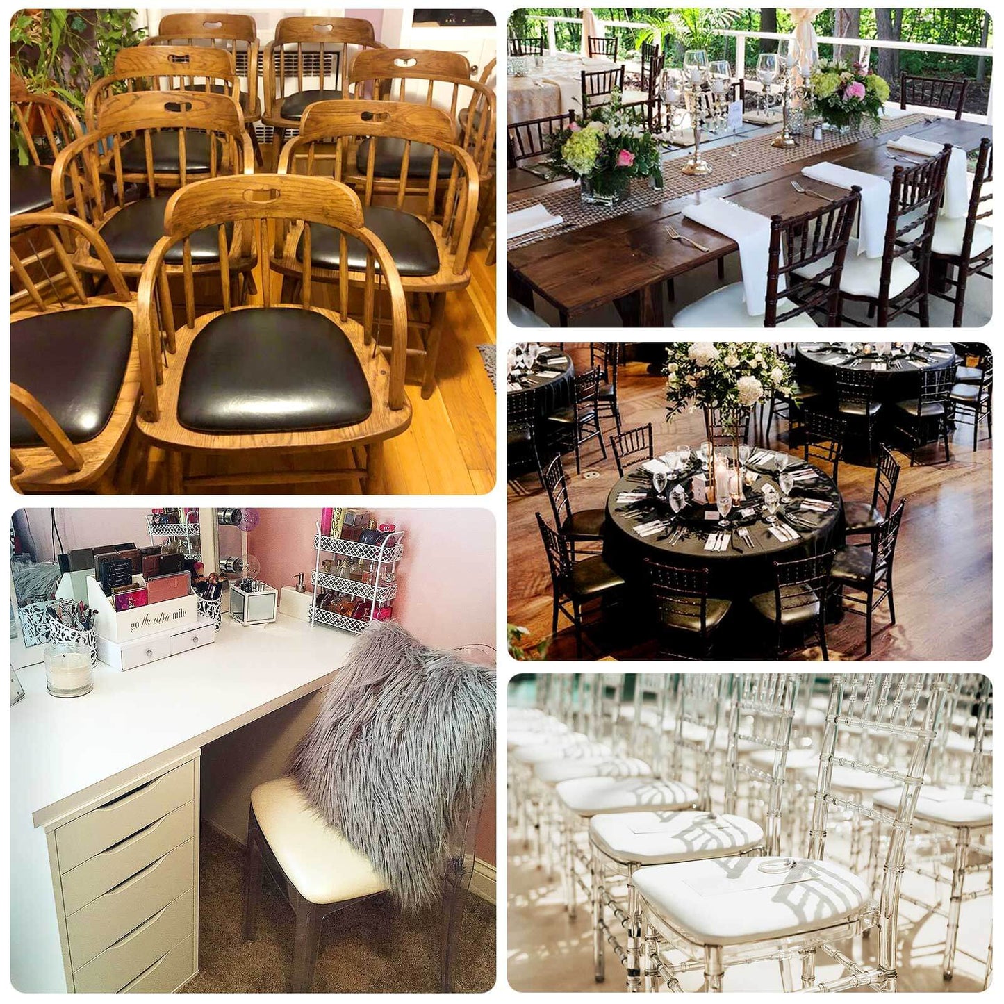 5 Pack White PU Leather Chiavari Chair Cushion Pads with Wood Backed Design, 1.5" Thick Memory Foam Tie-Less Non Slip Removable Dining Chair Seat Pads - 16"