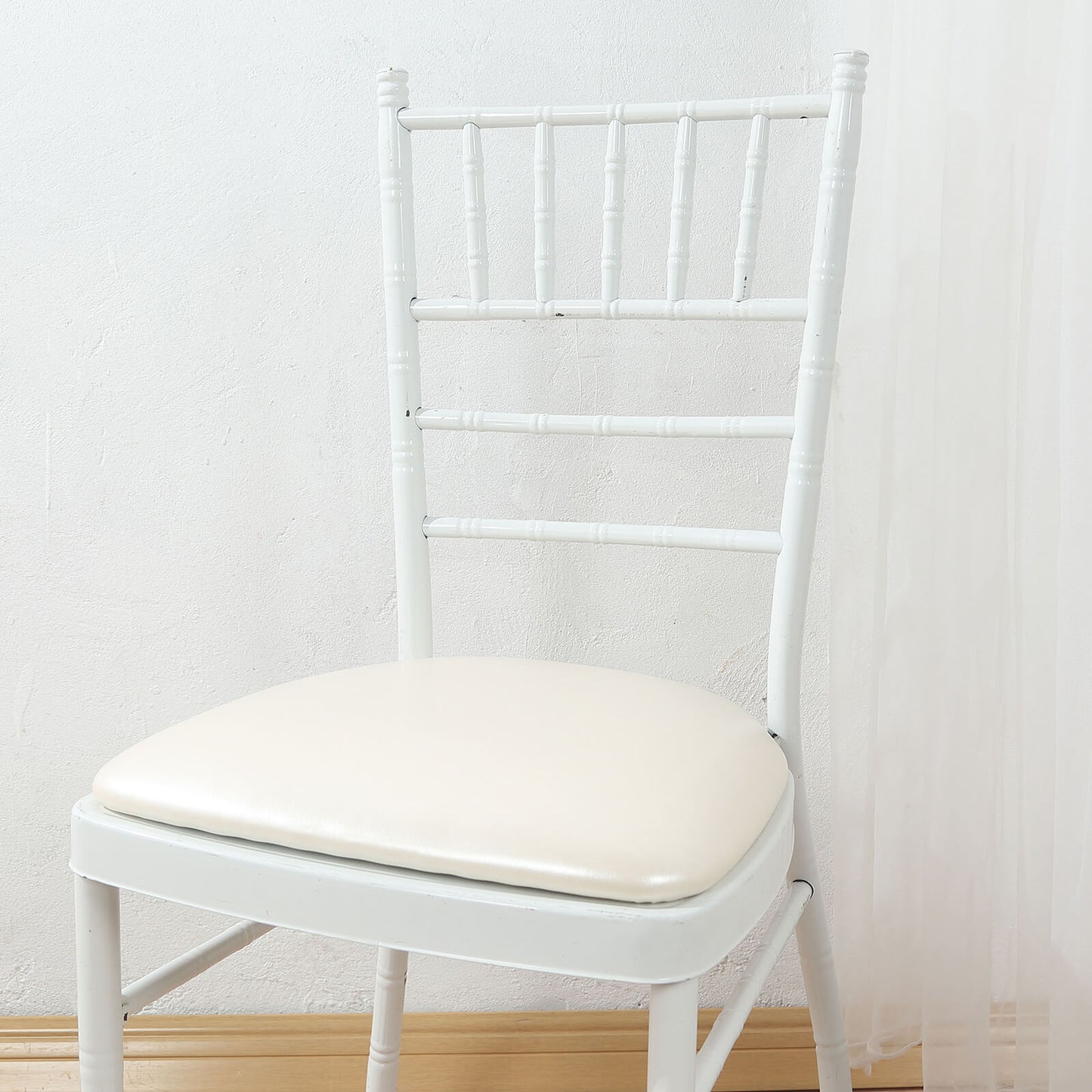 5 Pack Ivory PU Leather Chiavari Chair Cushion Pads with Wood Backed Design, 1.5" Thick Memory Foam Tie-Less Non Slip Removable Dining Chair Seat Pads - 16"