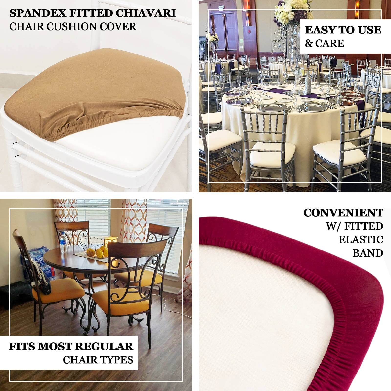 5 Pack Burgundy Stretch Chiavari Chair Cushion Covers, Washable Spandex Fitted Dining Chair Seat Pad Slipcovers