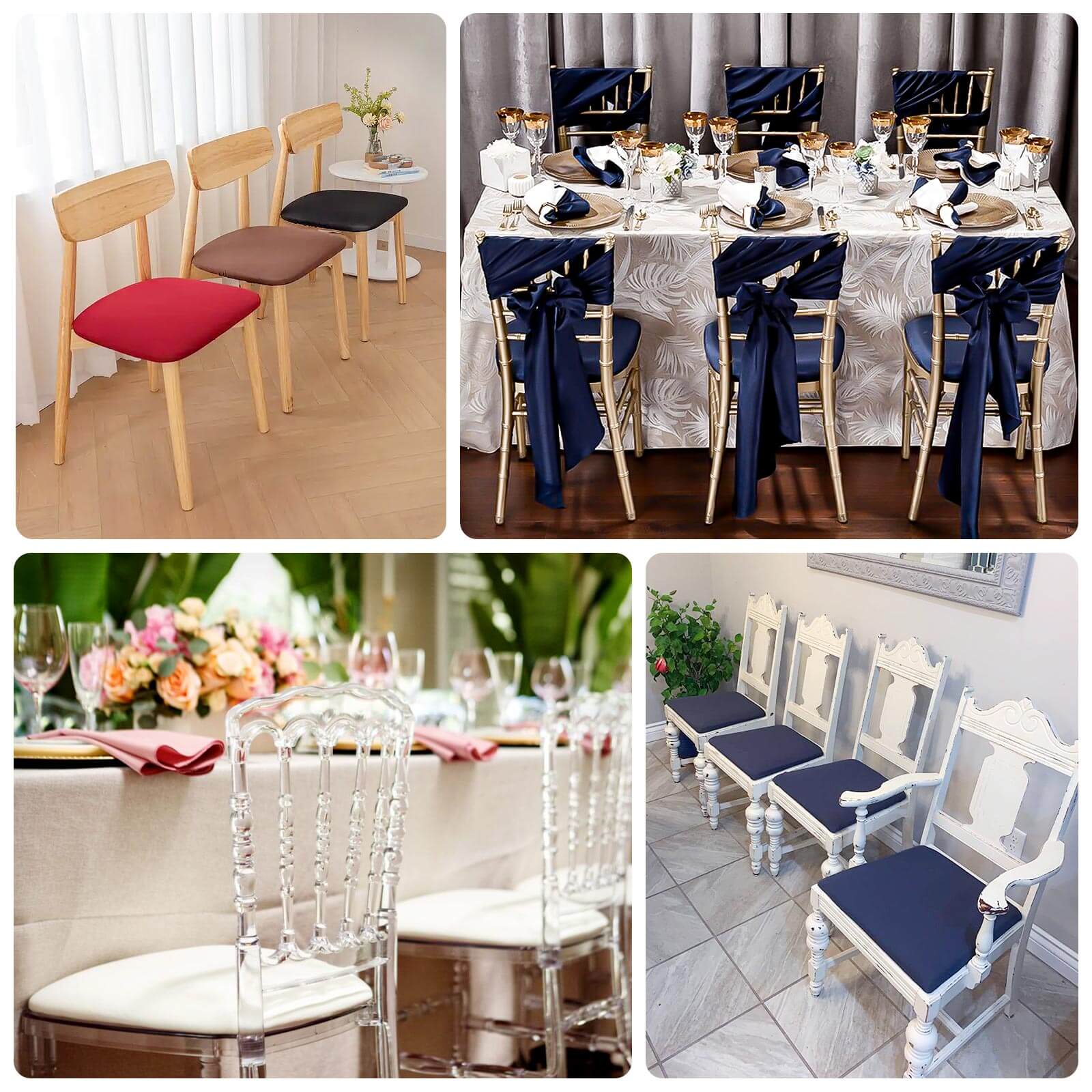Turquoise spandex slipcovers for Chiavari chairs in various dining settings.