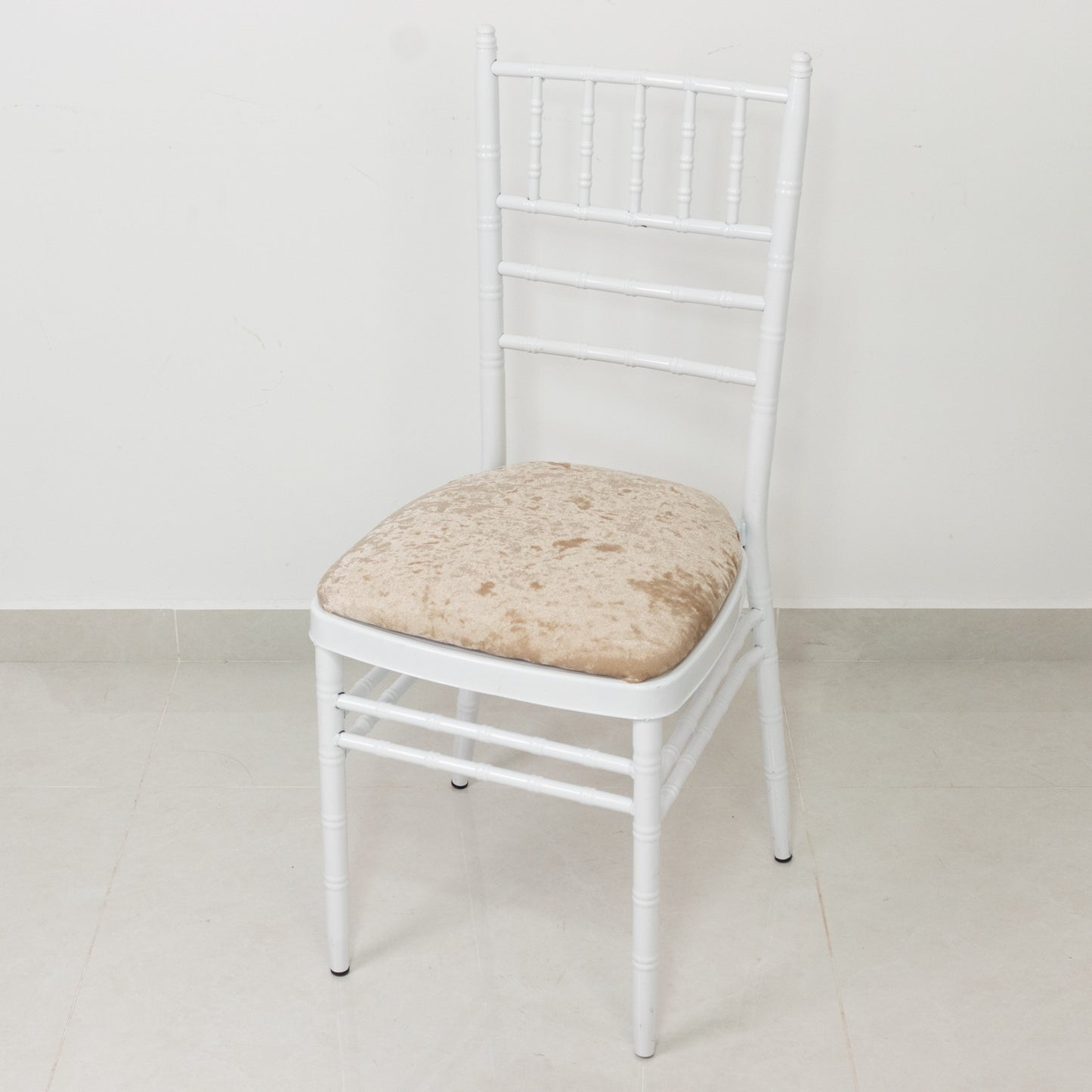 Beige crushed velvet seat pad cover for Chiavari chair.