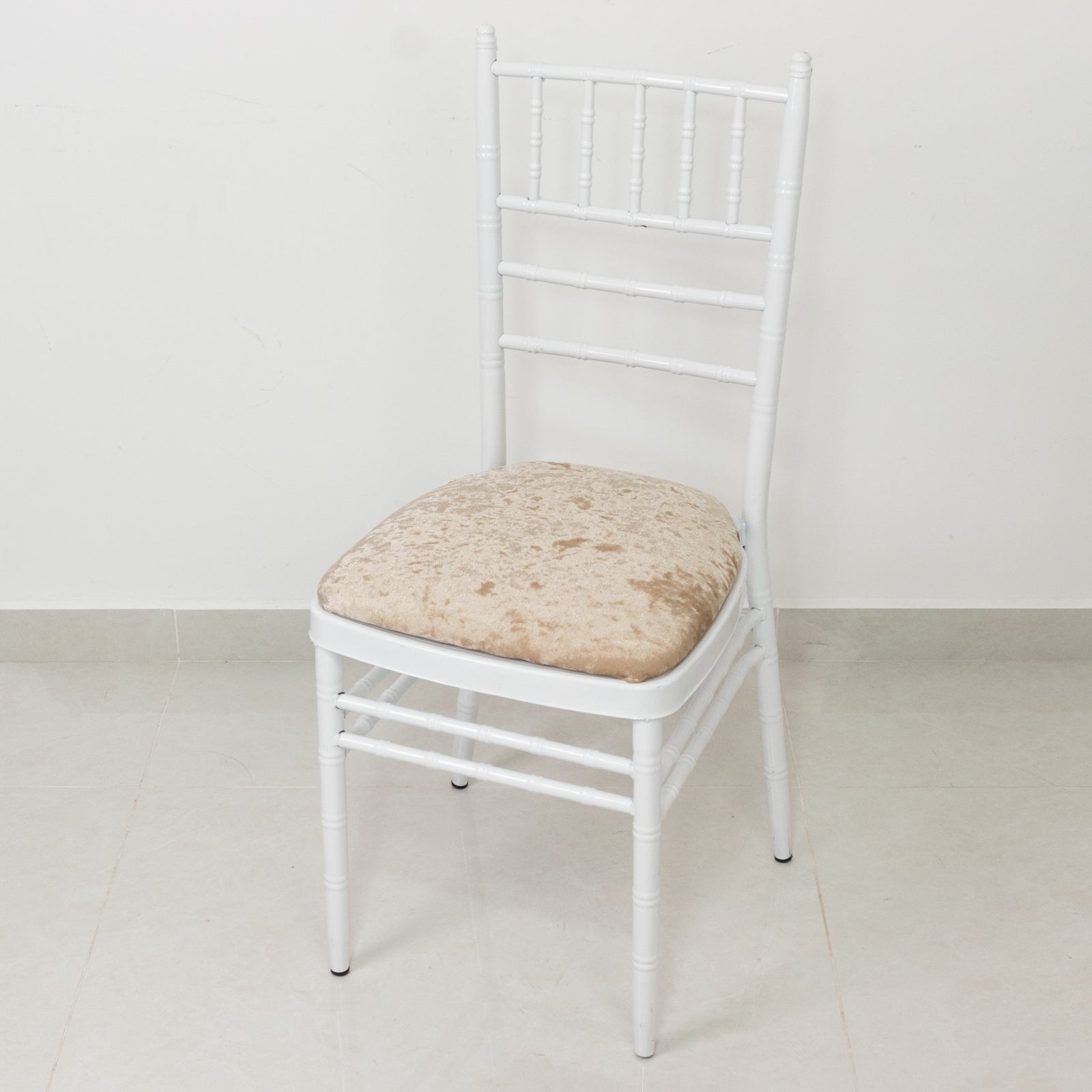 Beige crushed velvet seat pad cover for Chiavari chair.