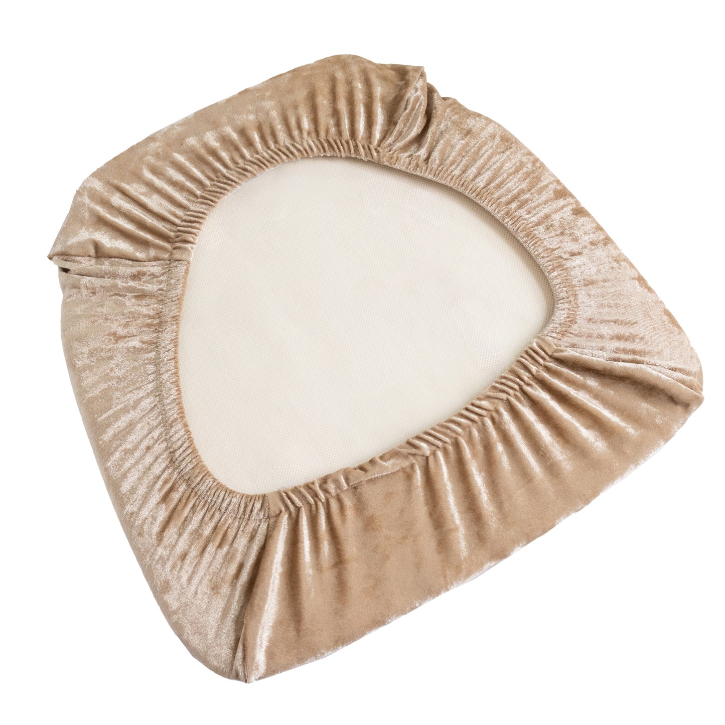 Beige crushed velvet seat pad cover for Chiavari chairs.