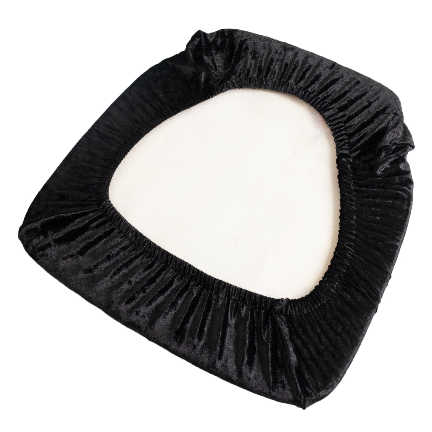 Black crushed velvet seat pad cover for Chiavari chairs.
