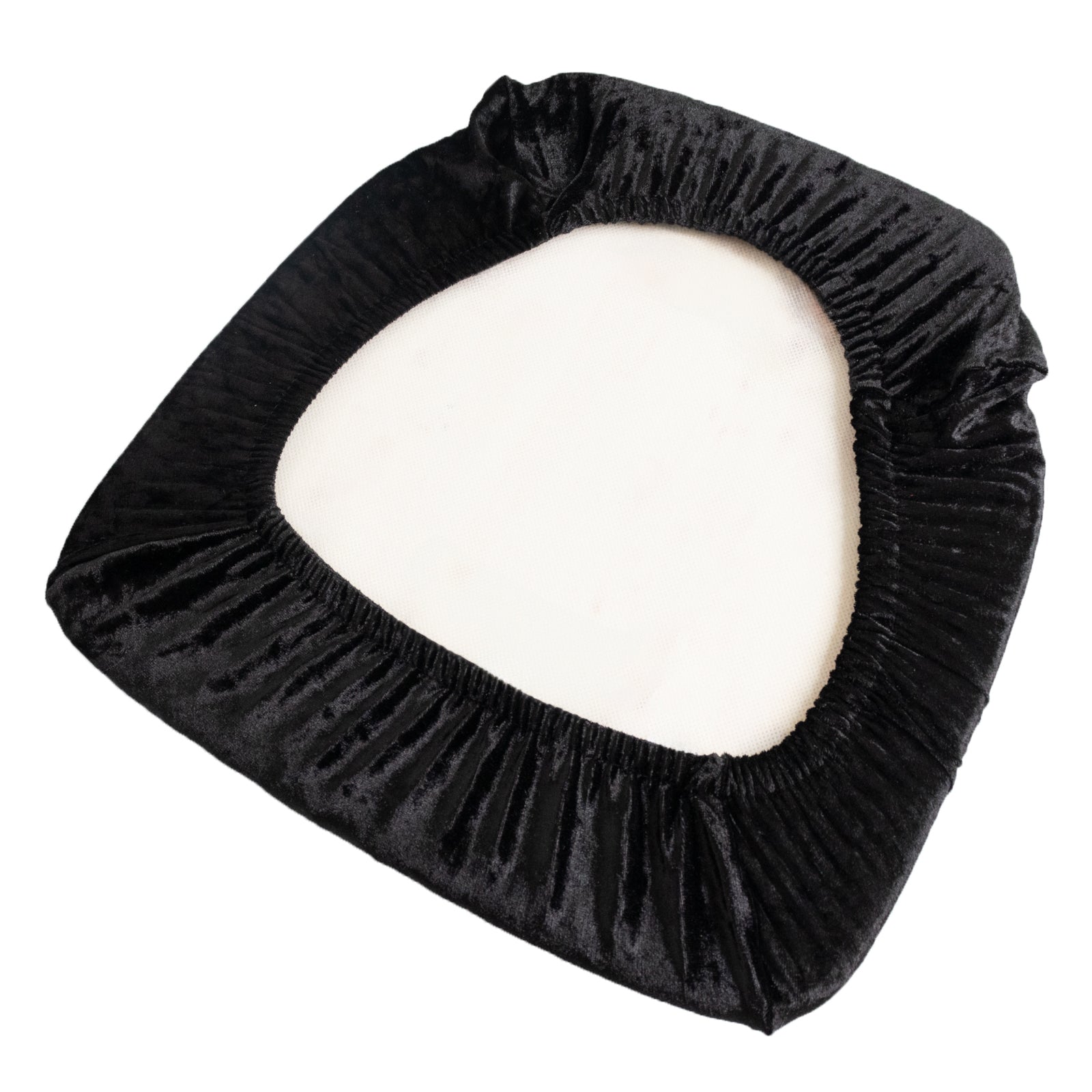 Black crushed velvet seat pad cover for Chiavari chairs.