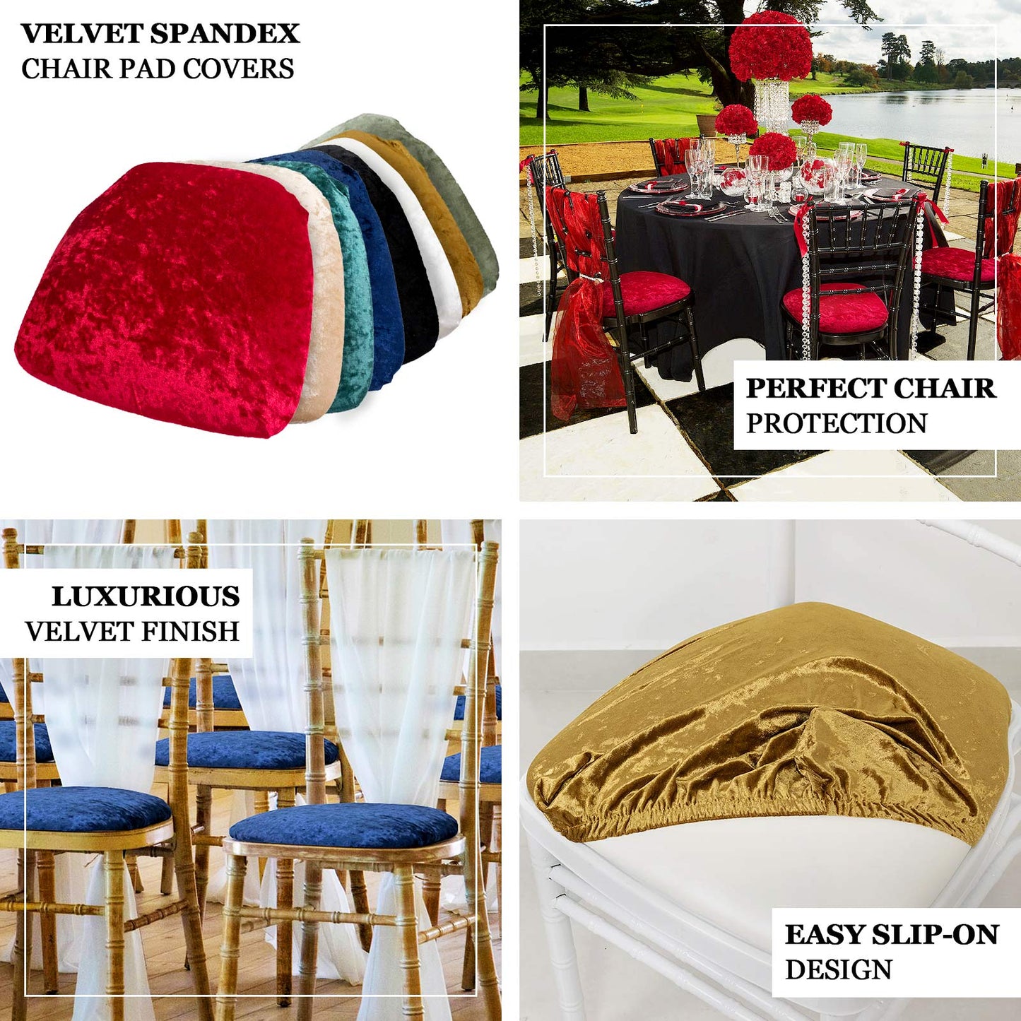 5 Pack Crushed Velvet Seat Pad Covers for Chiavari Chairs – Fitted Dining Chair Cushion Slipcovers, Washable & Reusable