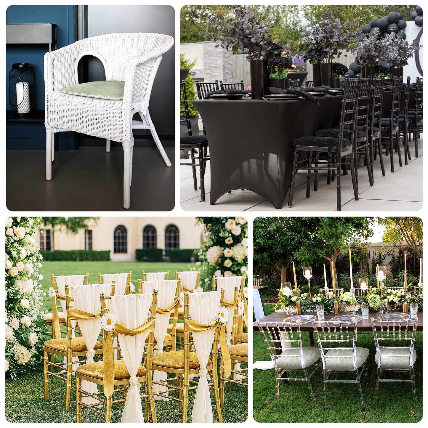 Gold crushed velvet seat pad covers for Chiavari chairs.