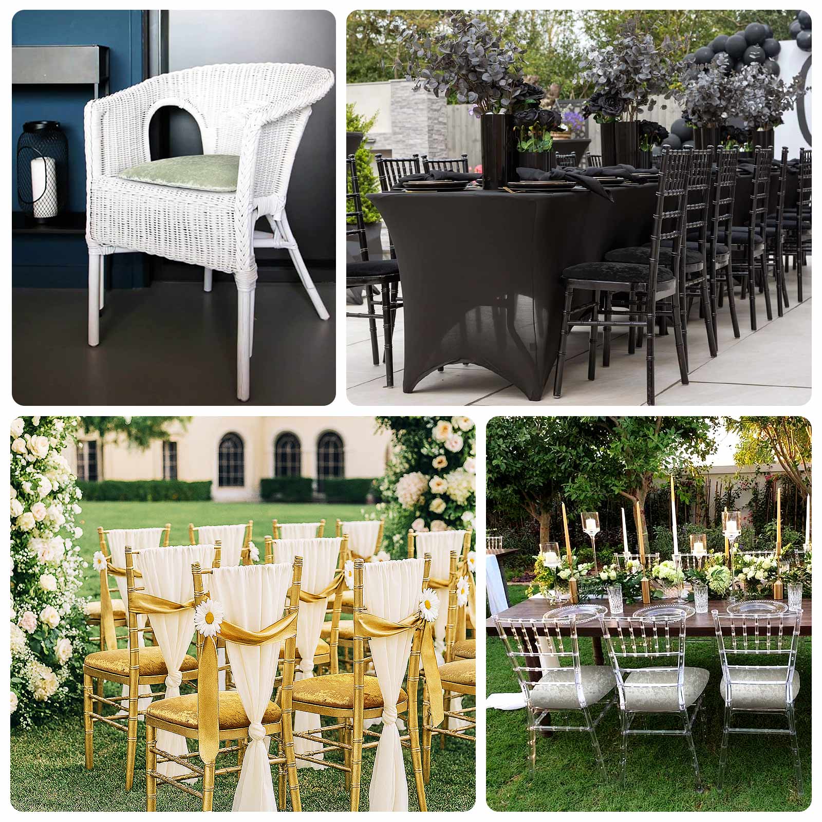 Gold crushed velvet seat pad covers for Chiavari chairs.