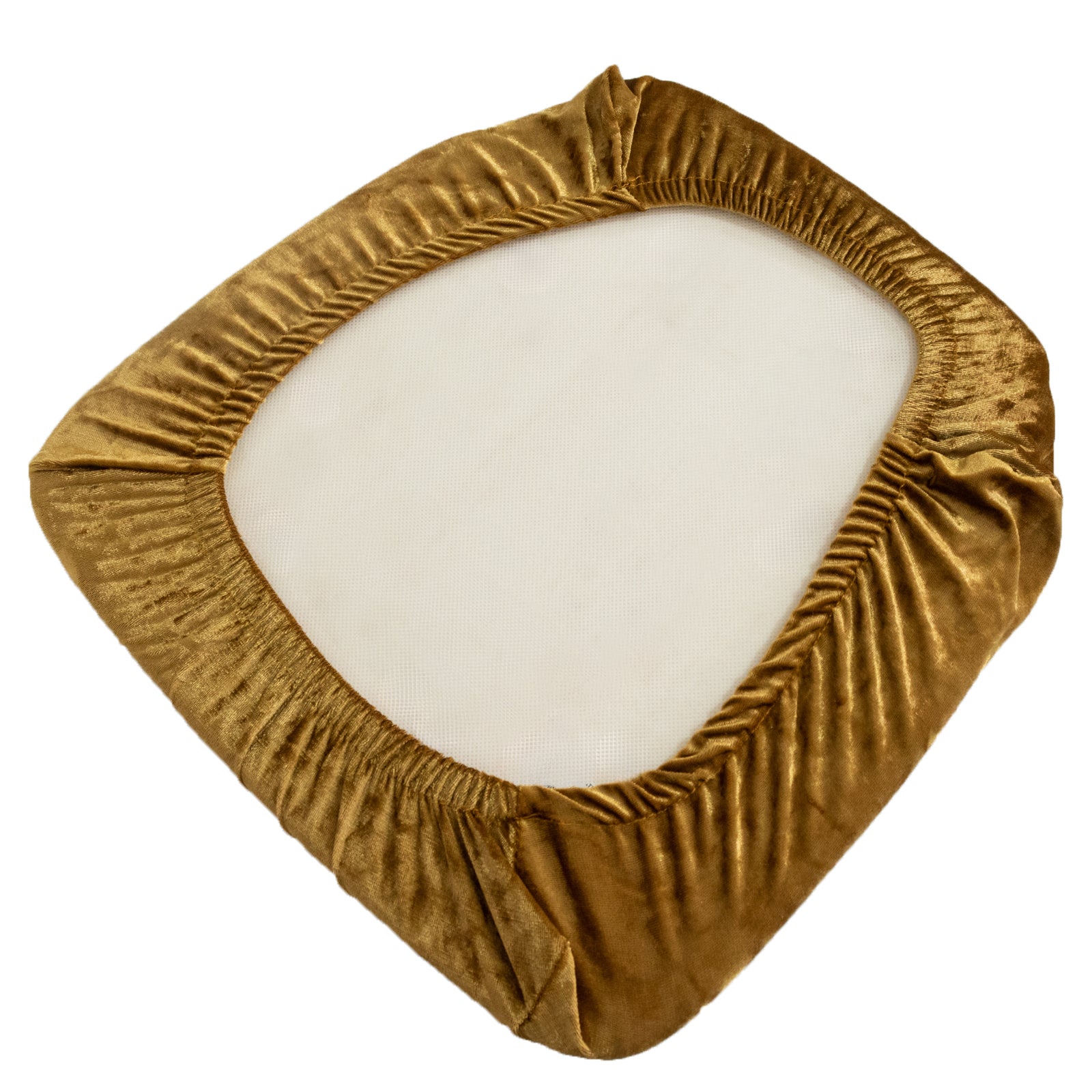 Gold crushed velvet seat pad cover for Chiavari chairs.