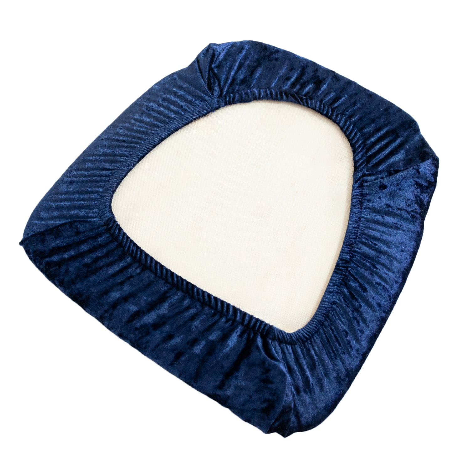 Navy blue crushed velvet seat pad cover for Chiavari chairs.