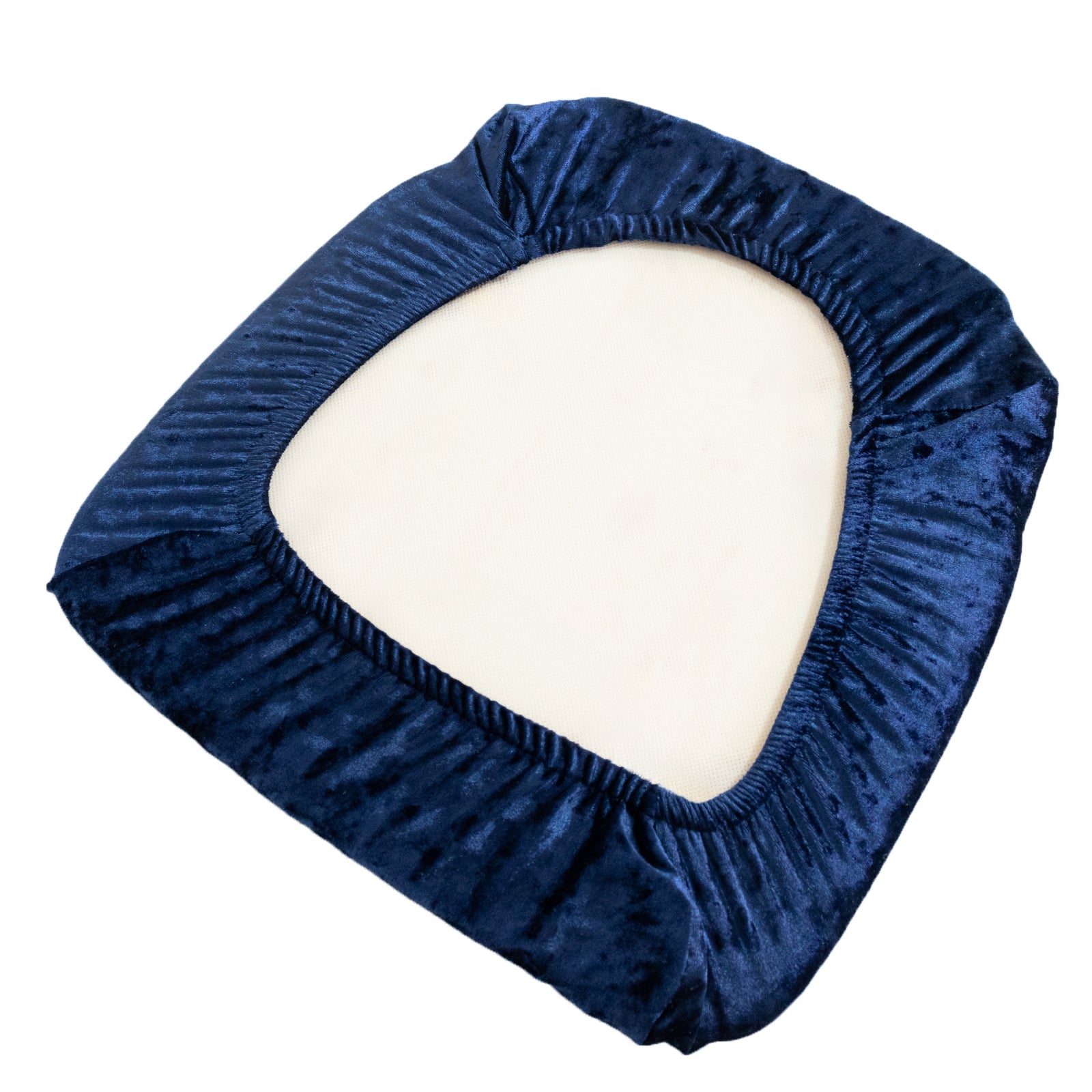 Navy blue crushed velvet seat pad cover for Chiavari chairs.