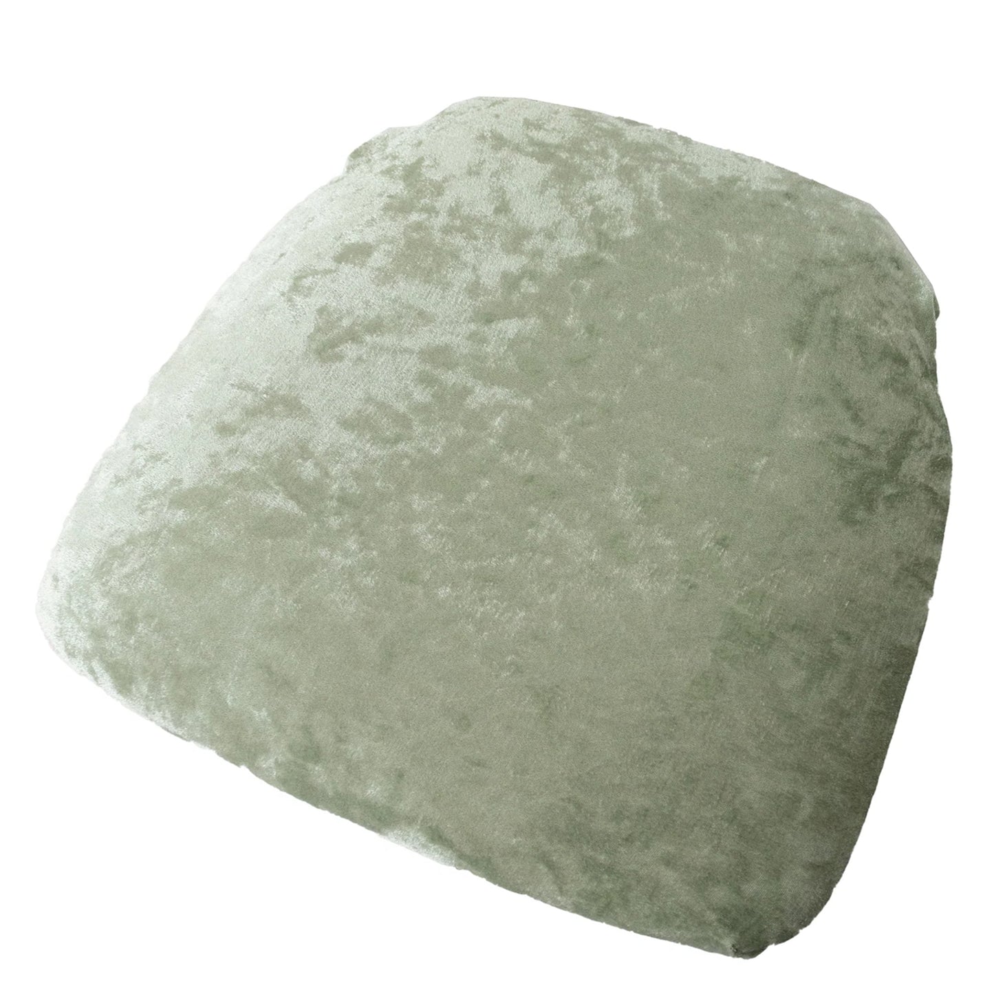 Sage green crushed velvet seat pad cover for Chiavari chairs.