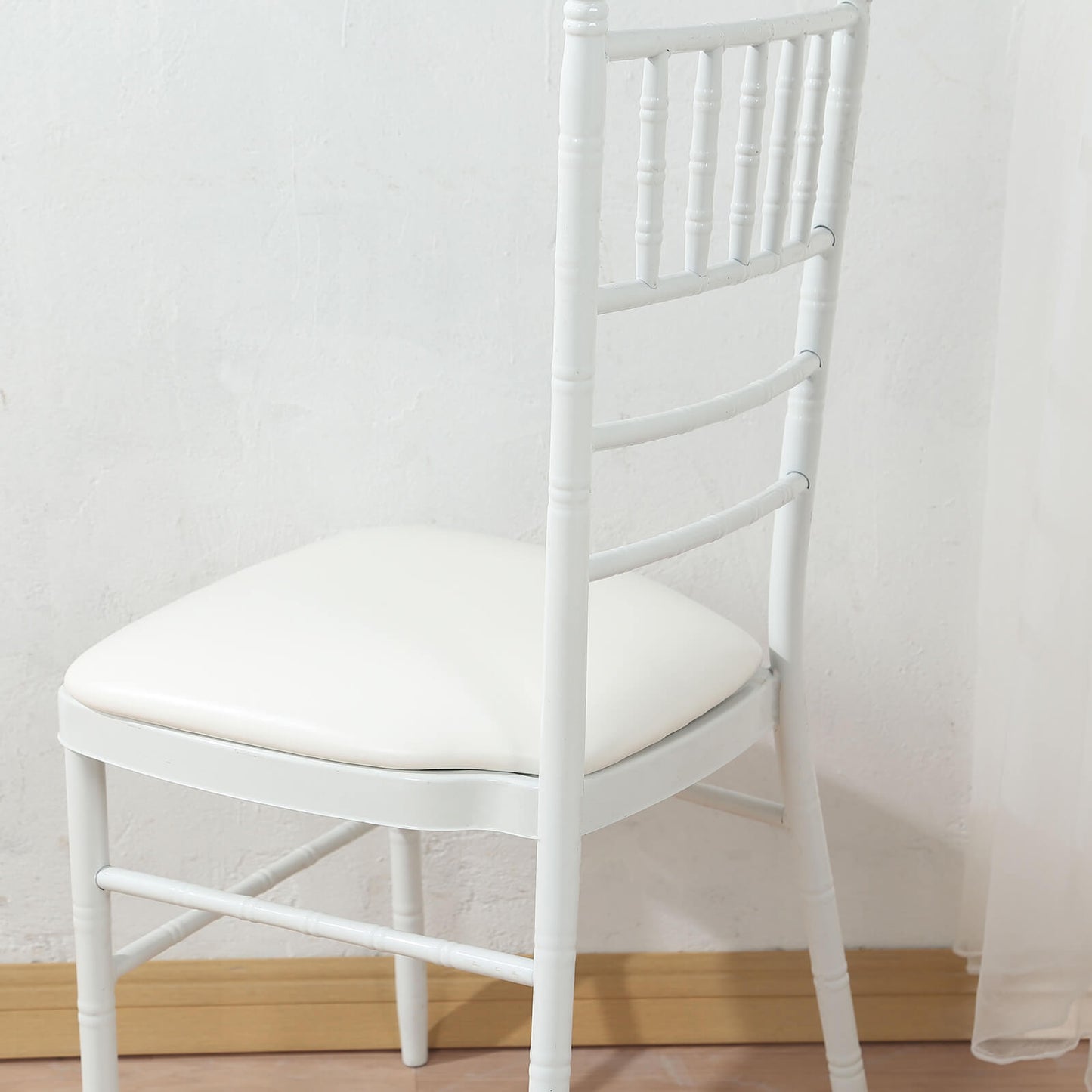 5 Pack White PU Leather Chiavari Chair Cushion Pads with Wood Backed Design, 1.5" Thick Memory Foam Tie-Less Non Slip Removable Dining Chair Seat Pads - 16"