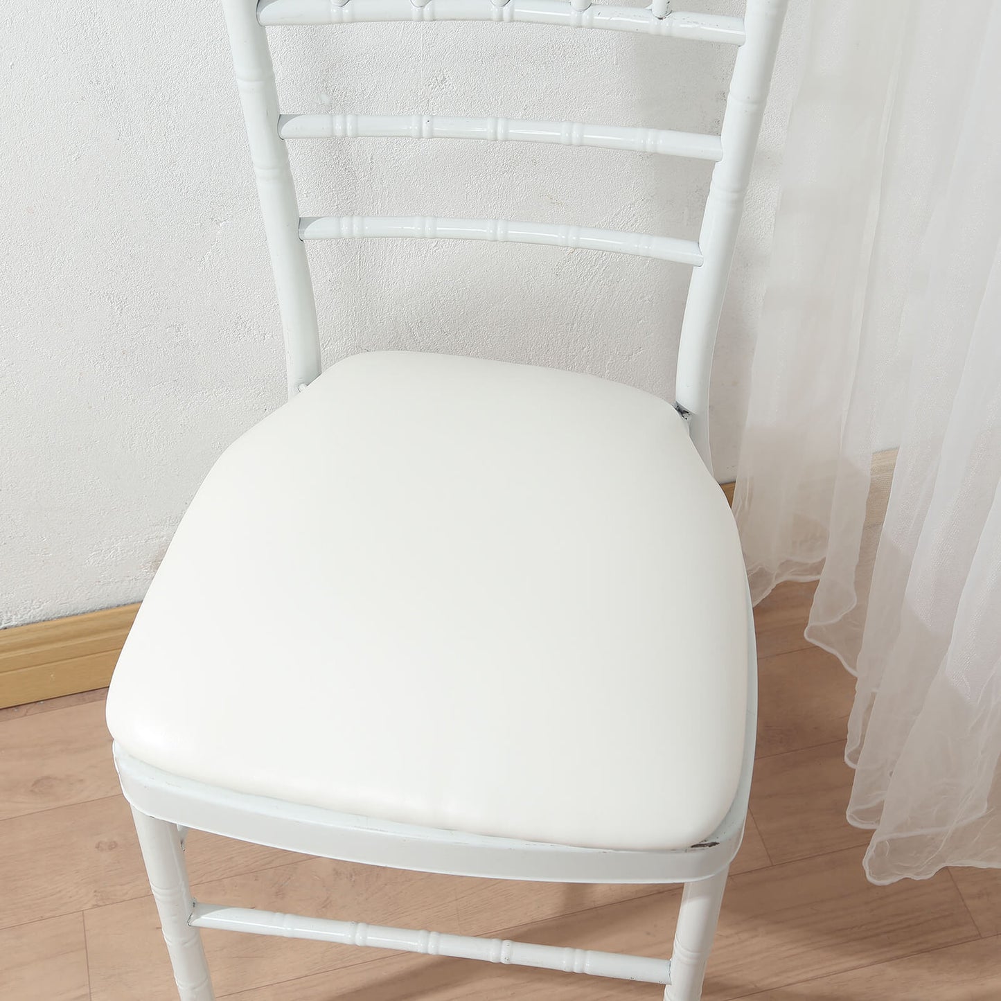 5 Pack White PU Leather Chiavari Chair Cushion Pads with Wood Backed Design, 1.5" Thick Memory Foam Tie-Less Non Slip Removable Dining Chair Seat Pads - 16"