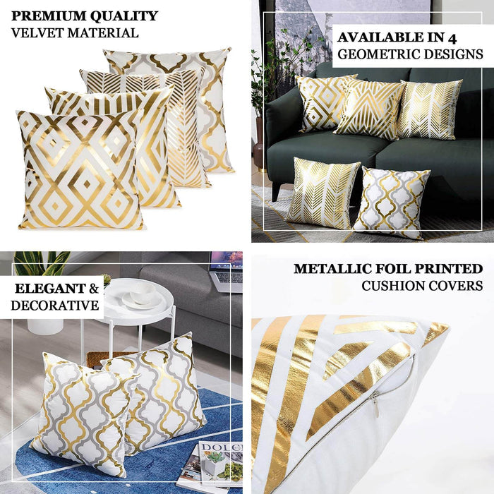 Set Of 4 | 18" White/Gold Foil Geometric Print Throw Pillow Covers, Velvet Square Sofa Cushion Covers