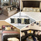 White and gold geometric print throw pillow covers on various sofas.