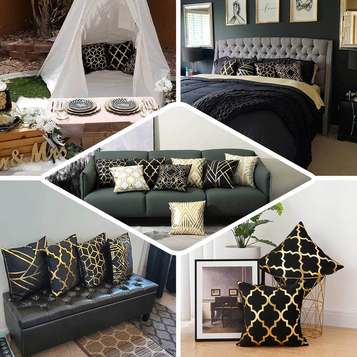 Set Of 4 | 18" Black/Gold Foil Geometric Print Throw Pillow Covers, Velvet Square Sofa Cushion Covers