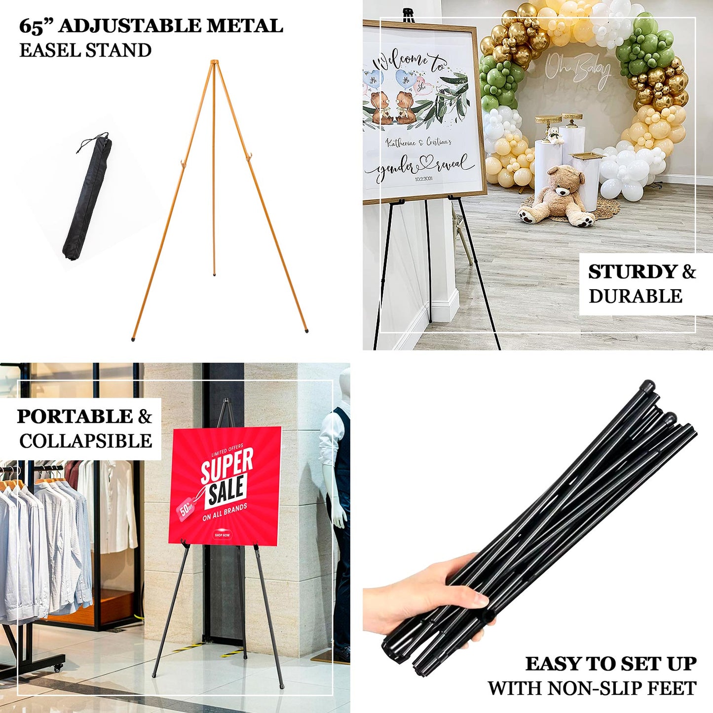 Gold metal easel stand for wedding signs and art, adjustable and portable.