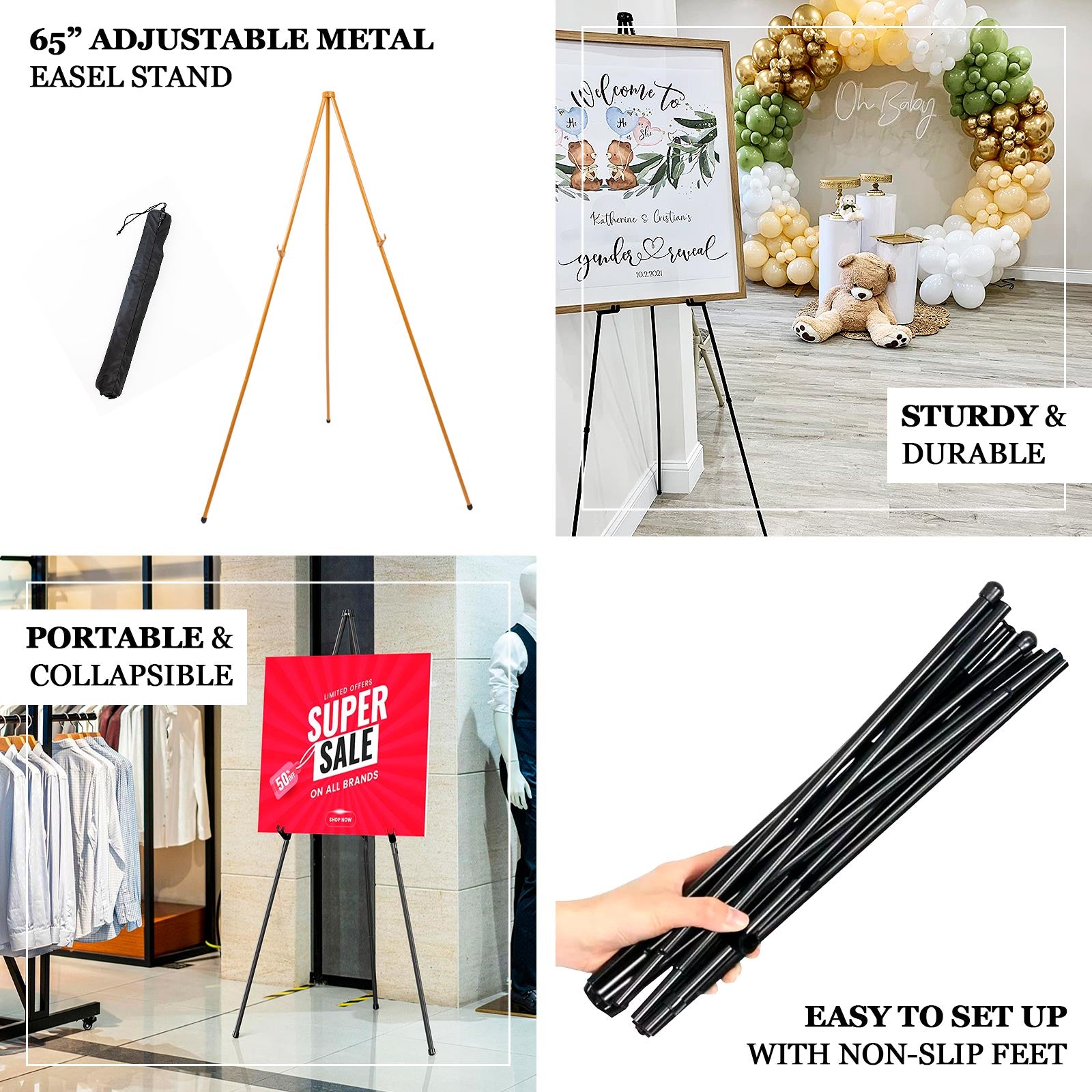 Gold metal easel stand for wedding signs and art, adjustable and portable.