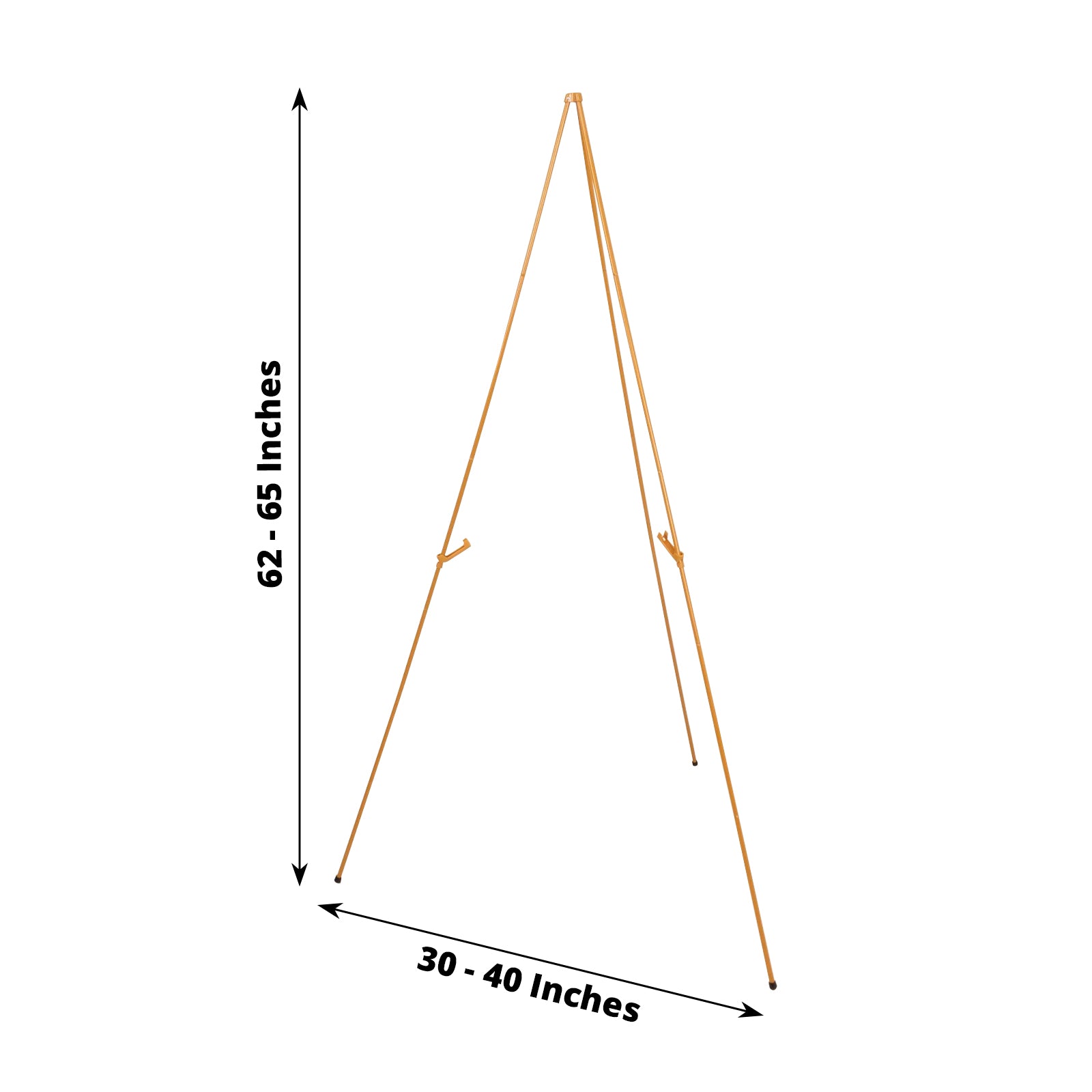 Gold metal sign holder easel stand, collapsible tripod design.