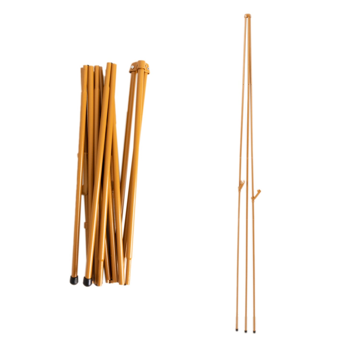 Gold collapsible metal easel stand for signs, 65 inches tall.