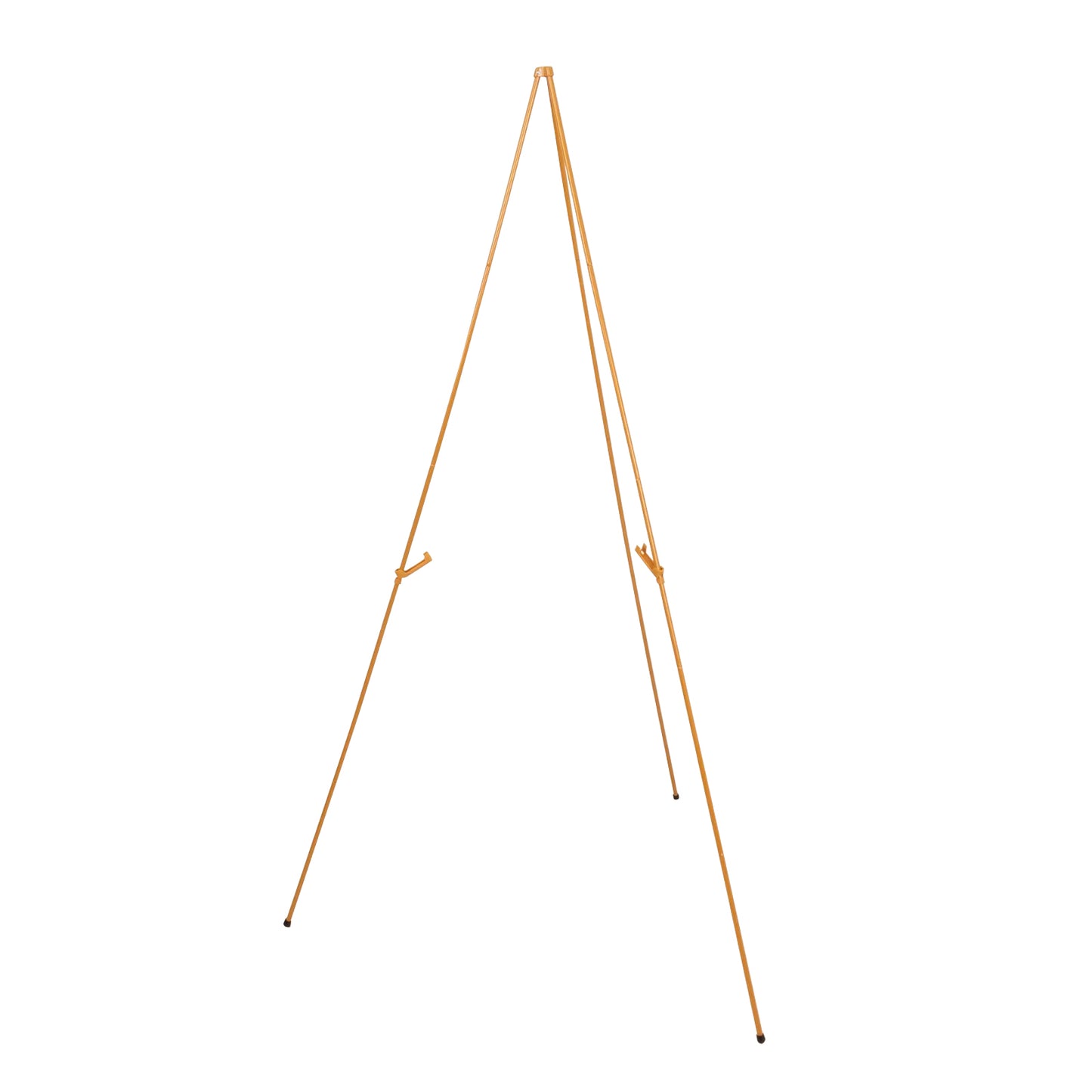 Gold metal easel stand, collapsible tripod design, 65 inches tall.