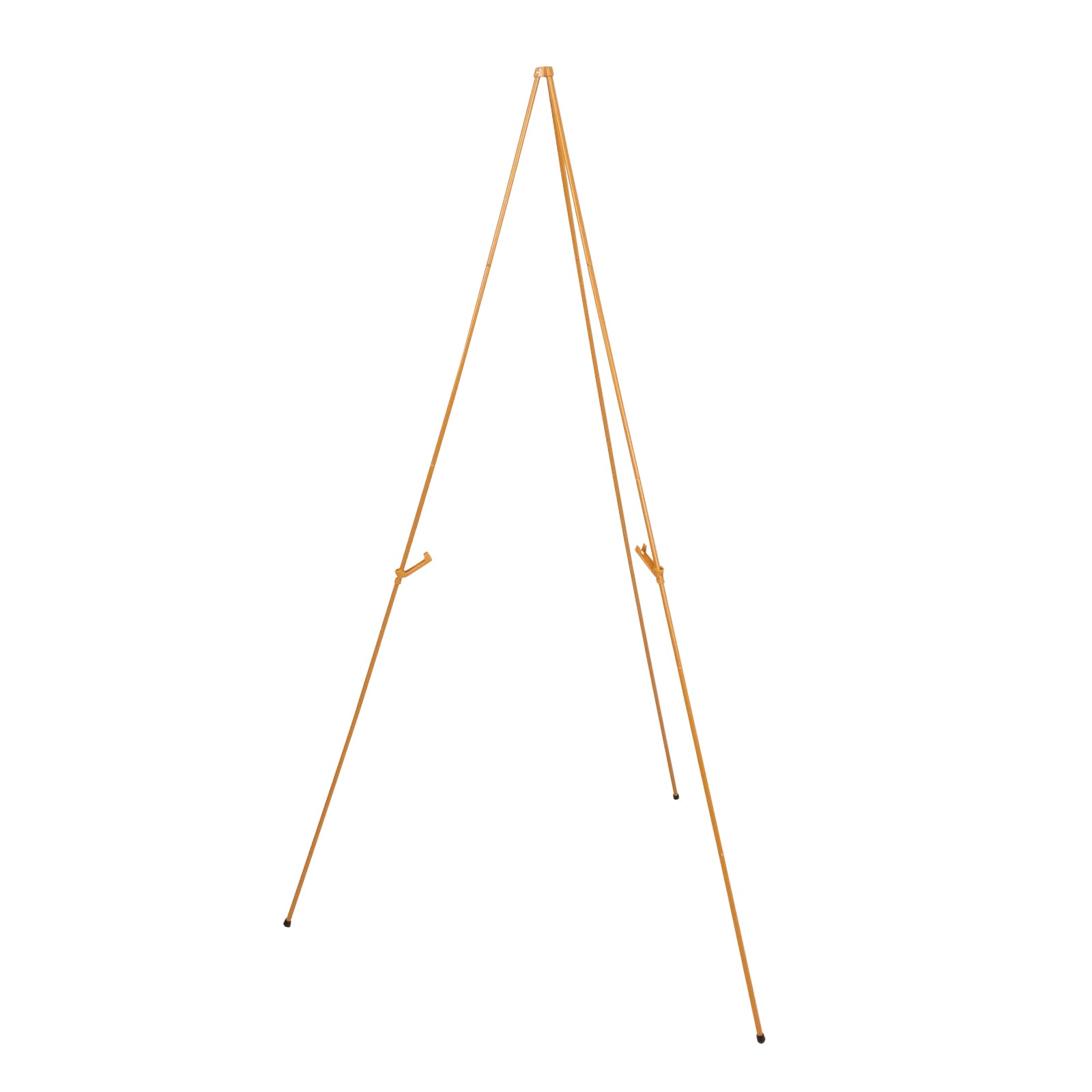 Gold metal easel stand, collapsible tripod design, 65 inches tall.