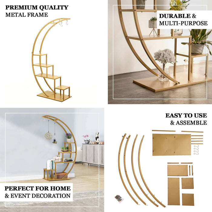 4.5ft Gold Metal 4-Tier Half Moon Plant Shelf Rack With Hanging Hooks, Cupcake Dessert Display Stand