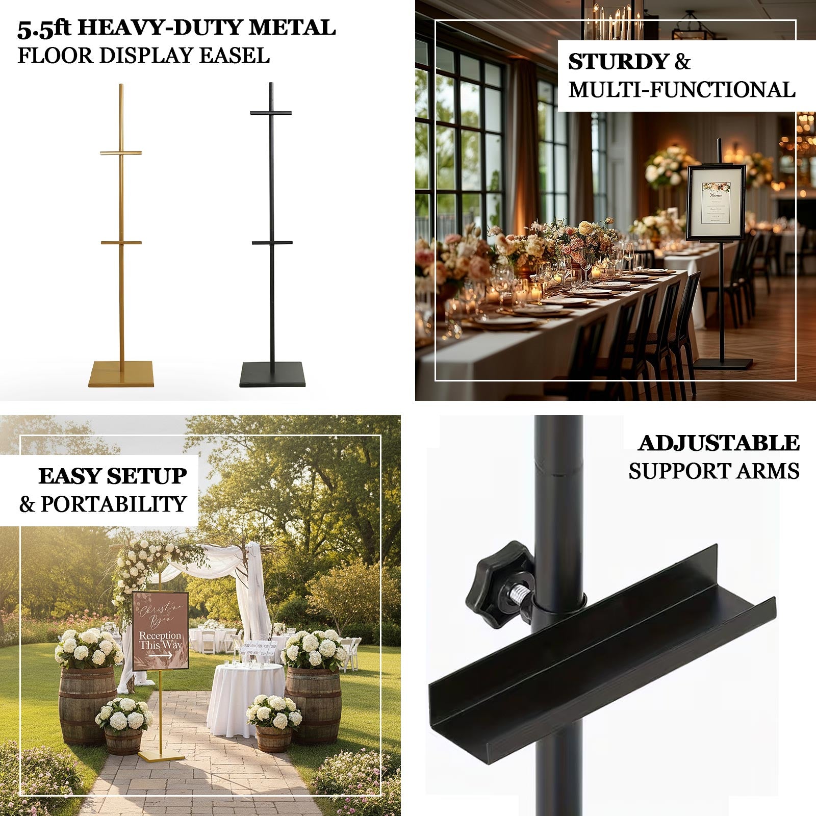 Black metal adjustable easel stand for displaying artwork and frames.