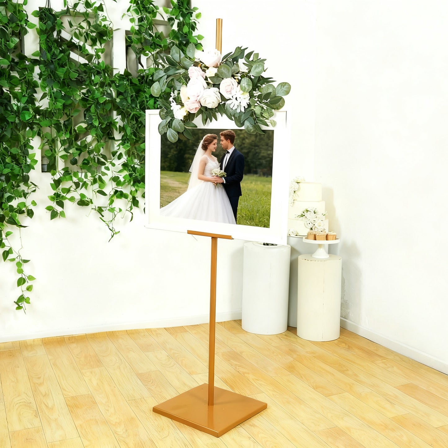Gold metal easel stand for displaying frames and artwork.
