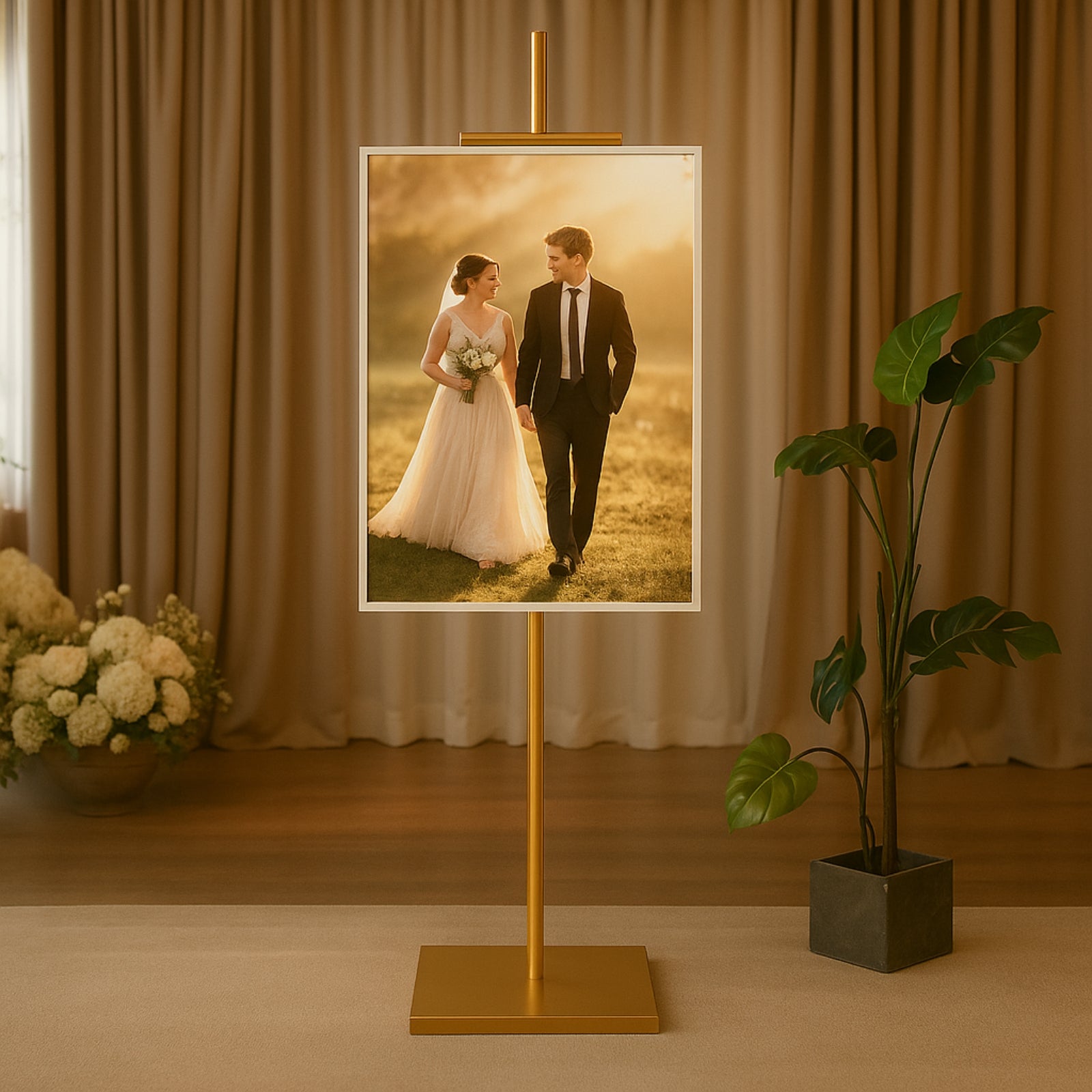 Gold easel stand displaying a framed artwork in a stylish setting.