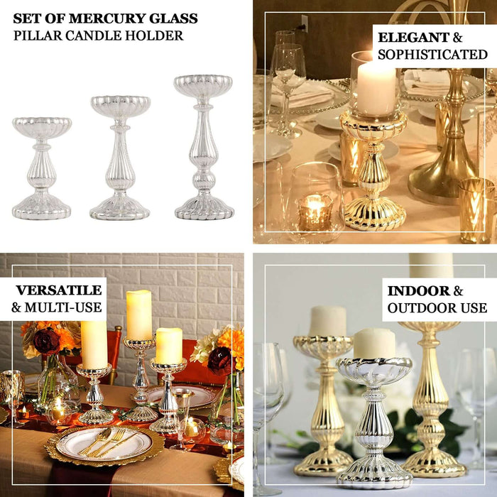 Gold mercury glass candle holder set, 7", 8", 10" for elegant centerpieces.