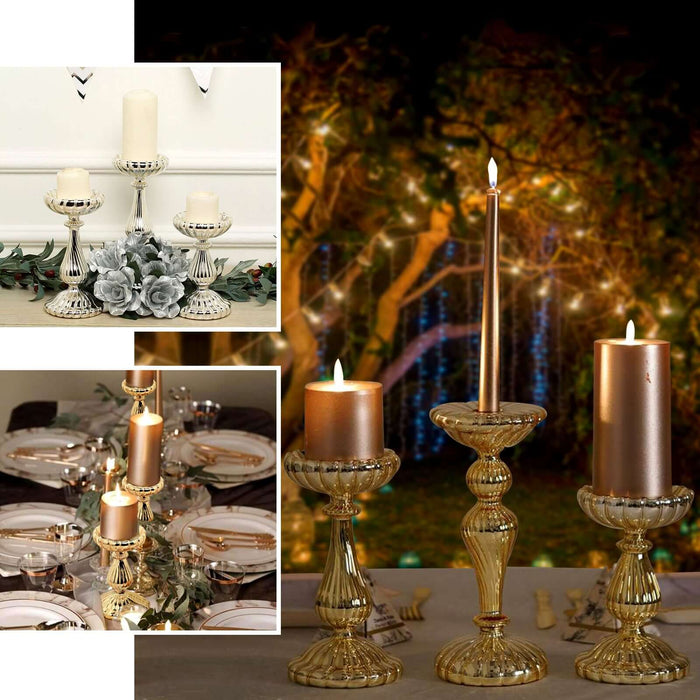 Mercury gold glass candle holders in a set of 3 for elegant decor.